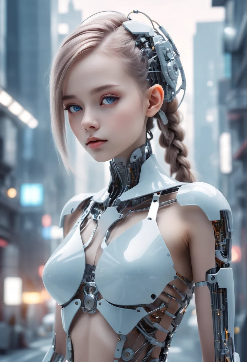 Translucent ethereal mechanical girl，futuristic girl，Mechanical joining technology girl，futuristic city background