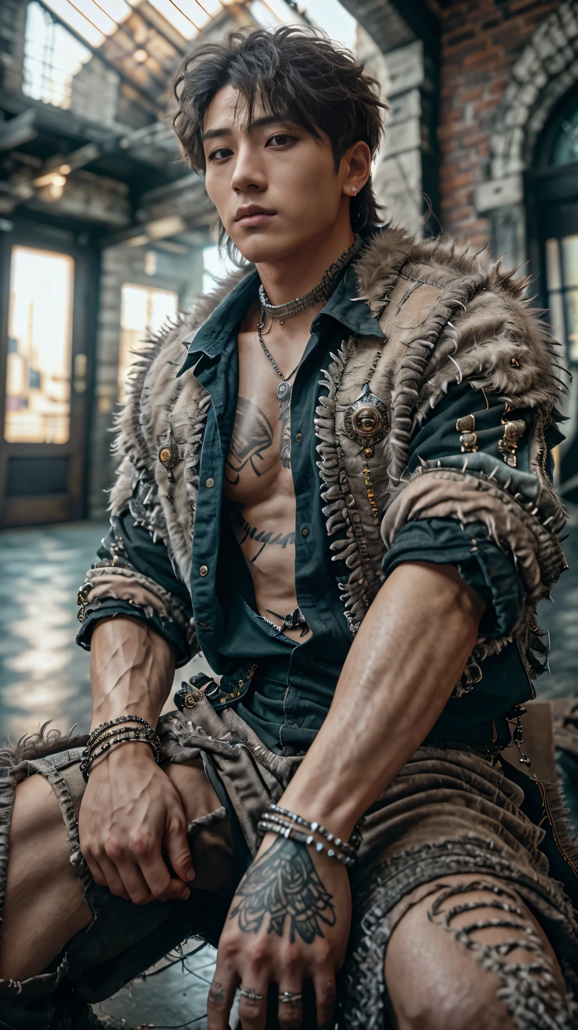 masterpiece, best quality, 8k, highestres, absurdres, extremely detailed, trafalgar law, 1boy, 1sword, solo, looking at viewer, short hair, medium built, hat, navel, earrings, midriff, pants, coat, fur trim, denim, jeans, shoulder tattoo, hand tattoo, finger tattoo, black fur-trimmed coat, coat on shoulders, tank top,///,