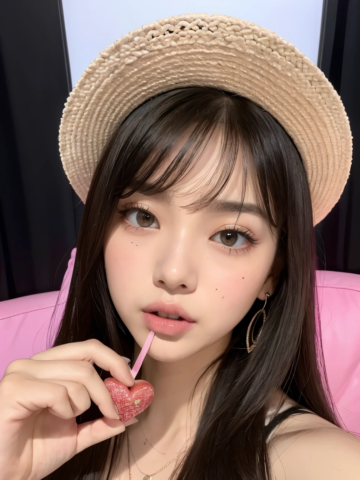 Kim Jennie de blackpink con el cabello rubio claro, cabello rubio con ondulado, cabello de color rubio ondulado, with small fringes, ojos color negro, nariz respingada y bonita, labios gruesos, Cupid and heart shaped lips., labios rosas, pale, white skin, piel bonita y suave, con pecas y lunares, cejas bonitas, marked and beautiful clavicle, mientras tiene un gorro en forma de hamburguesa, gorro en forma de hamburguesa, mientras tiene un rosas color rojo tinto en su top, rojo oscuro, con ropa interior femenina, abdomen delgado y bonito, escote desnudo, (pechos grandes, pechos suaves, pechos naturaleientras agarra una rosa, in a room with a pink background, eating hamburgers and asian noodles, con un sombrero de vaquero, con un sombrero de vaquero, mirando a la camara, autofoto