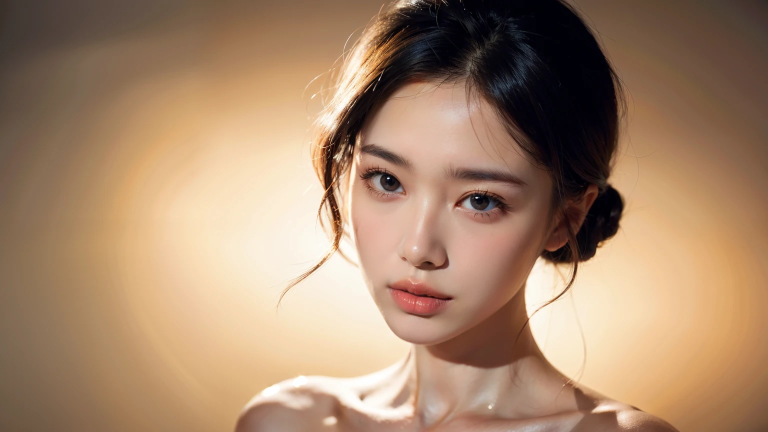 artwork, best quality, Alone, 1 girl, luminous skin, Glamorous, whimsical details, coiffed hair, mesmerizing, bare shoulder, professional model