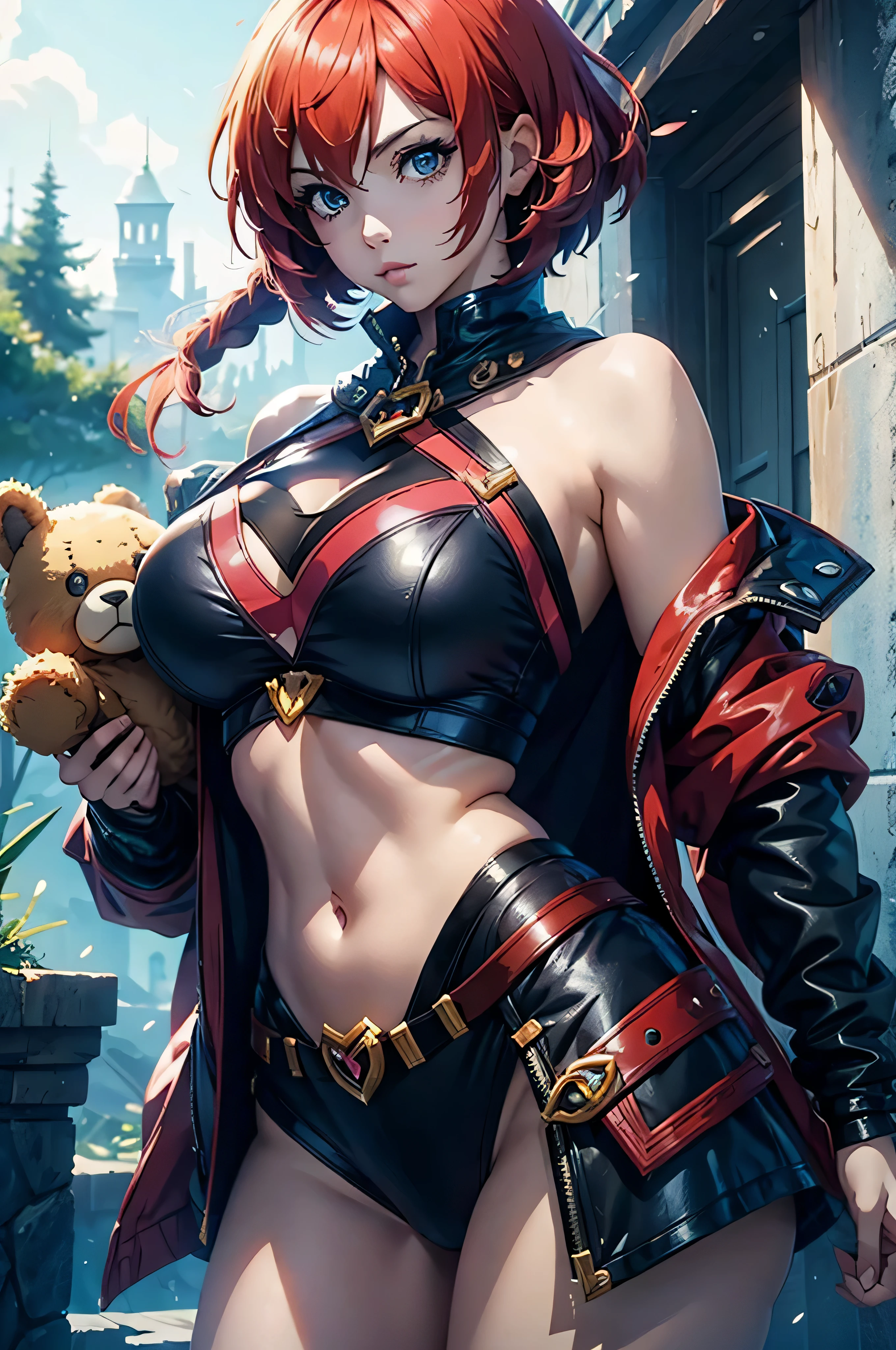 Annie of League of Legends as Waifu girl. She is leaning down, holding a bear doll, cute, gorgeous, artistic anime style