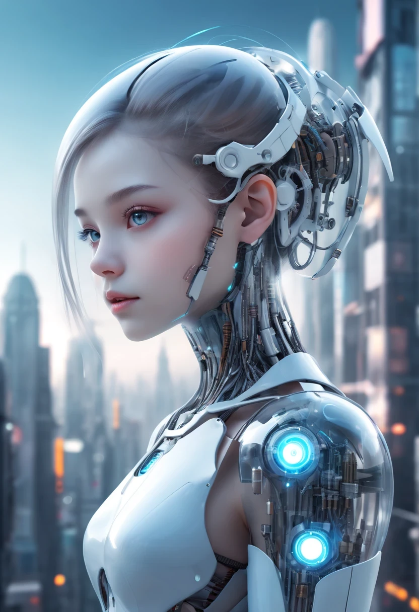 Translucent ethereal mechanical girl，futuristic girl，Mechanical joining technology girl，futuristic city background