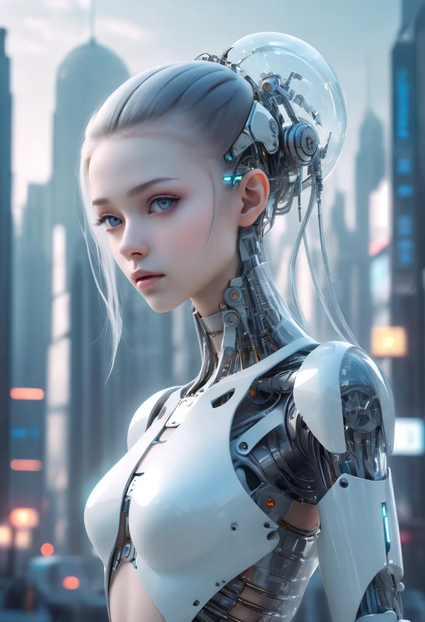 Translucent ethereal mechanical girl，futuristic girl，Mechanical joining technology girl，futuristic city background