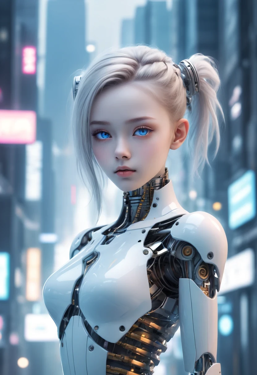 Translucent ethereal mechanical girl，futuristic girl，Mechanical joining technology girl，futuristic city background