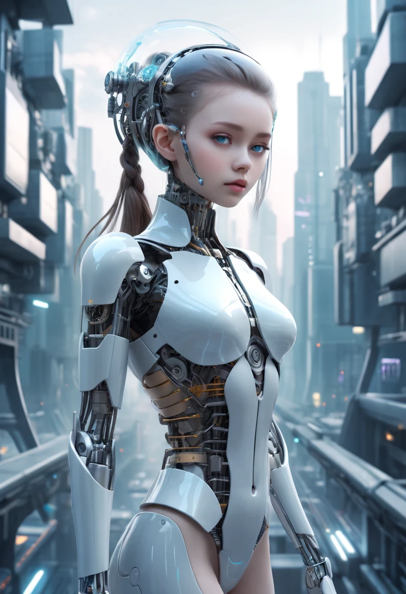 Translucent ethereal mechanical girl，futuristic girl，Mechanical joining technology girl，futuristic city background