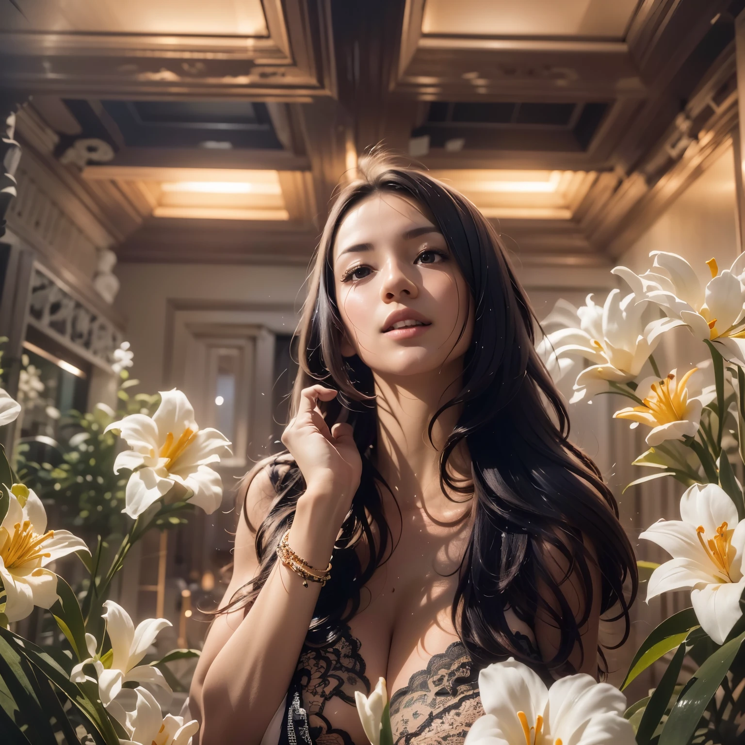 ((Masterpiece, Best quality:1.3), (ultra detail:1.3), 1 girl, One, (dark hair, shoulder-length, long hair), (elegant body, dark stylish T-shirt, beautiful hands in jewelry bracelets, tattoos), ( rock star)). ((Calm look, relaxed pose, holding a lily flower in his hand.) (standing). (Modern interior, art deco, studio room, many flowers - lilies, high ceilings)) . Best quality, (SURREALISM: 1.3)). (real flowers decorate the interior in simple glass vases on the floor), (the flowers look amazing). ((masterpiece: 1.2), (realism: 1.2), (Best quality), (special attention to character, colors, room elements: 1.3)). (Open window, exquisite design, mostly in light colors: white, blue, yellow, gold). (High light ceiling).((Realistic 3D visualization, super detail, ray tracing, flooded sunlight, contrasting shadows - cool tones, warm soft light)). Modern style (Modern), (High-Tech), (Surrealism: 1.3), Excellent, high quality. Hand-drawn realism.