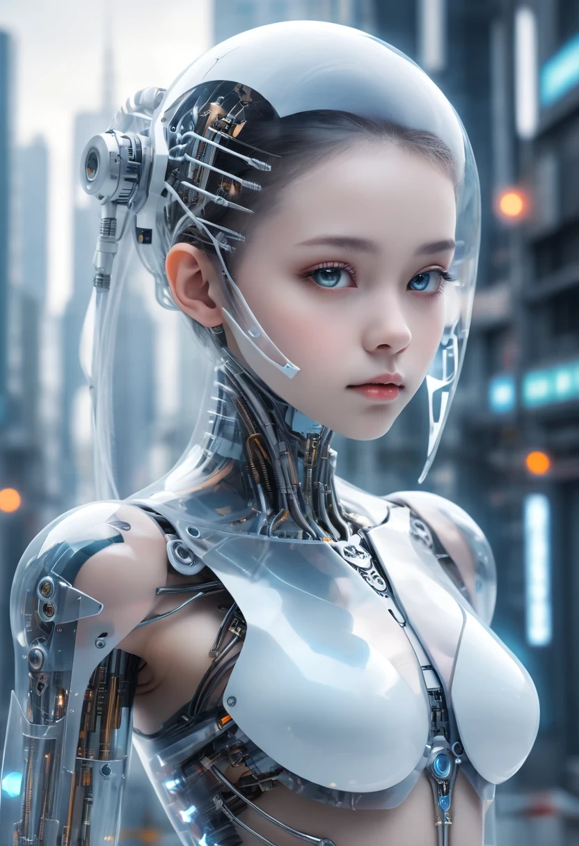 Translucent ethereal mechanical girl，futuristic girl，Mechanical joining technology girl，futuristic city background