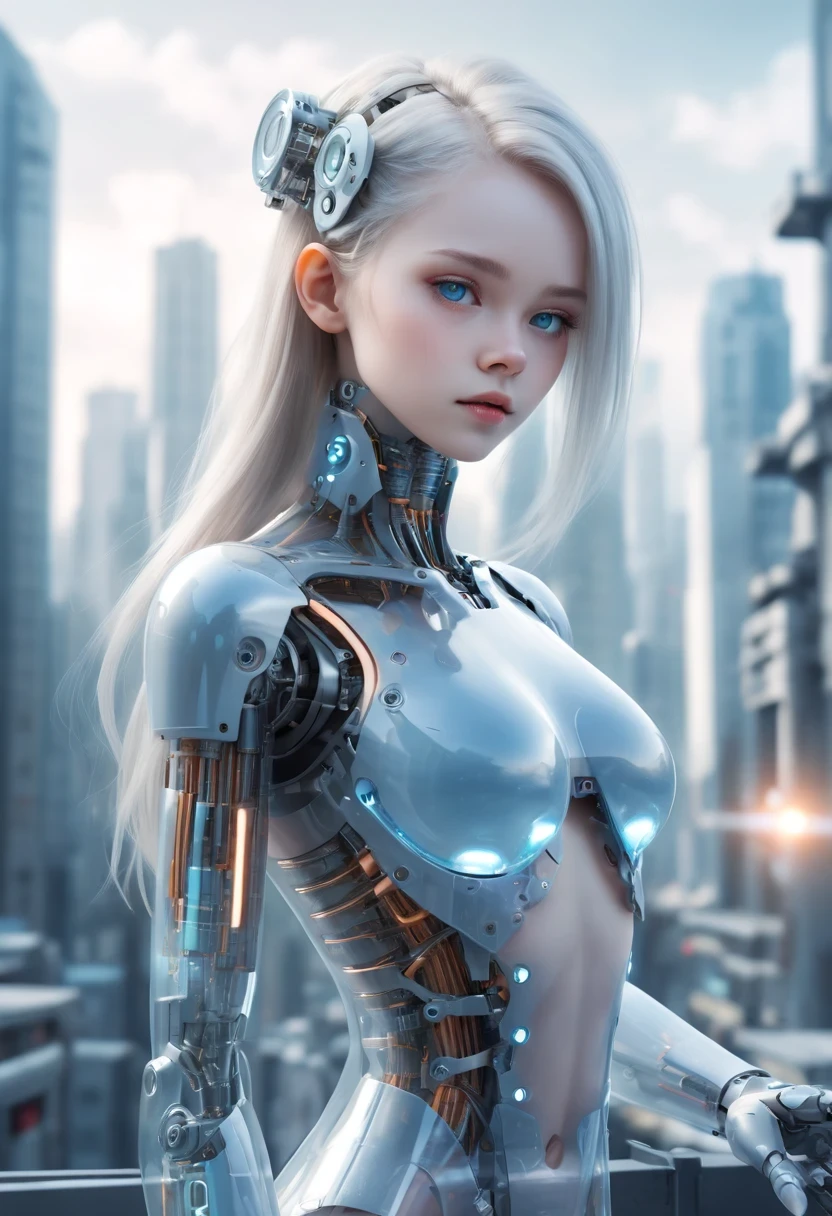 Translucent ethereal mechanical girl,futuristic girl,Mechanical joining technology girl,futuristic city background