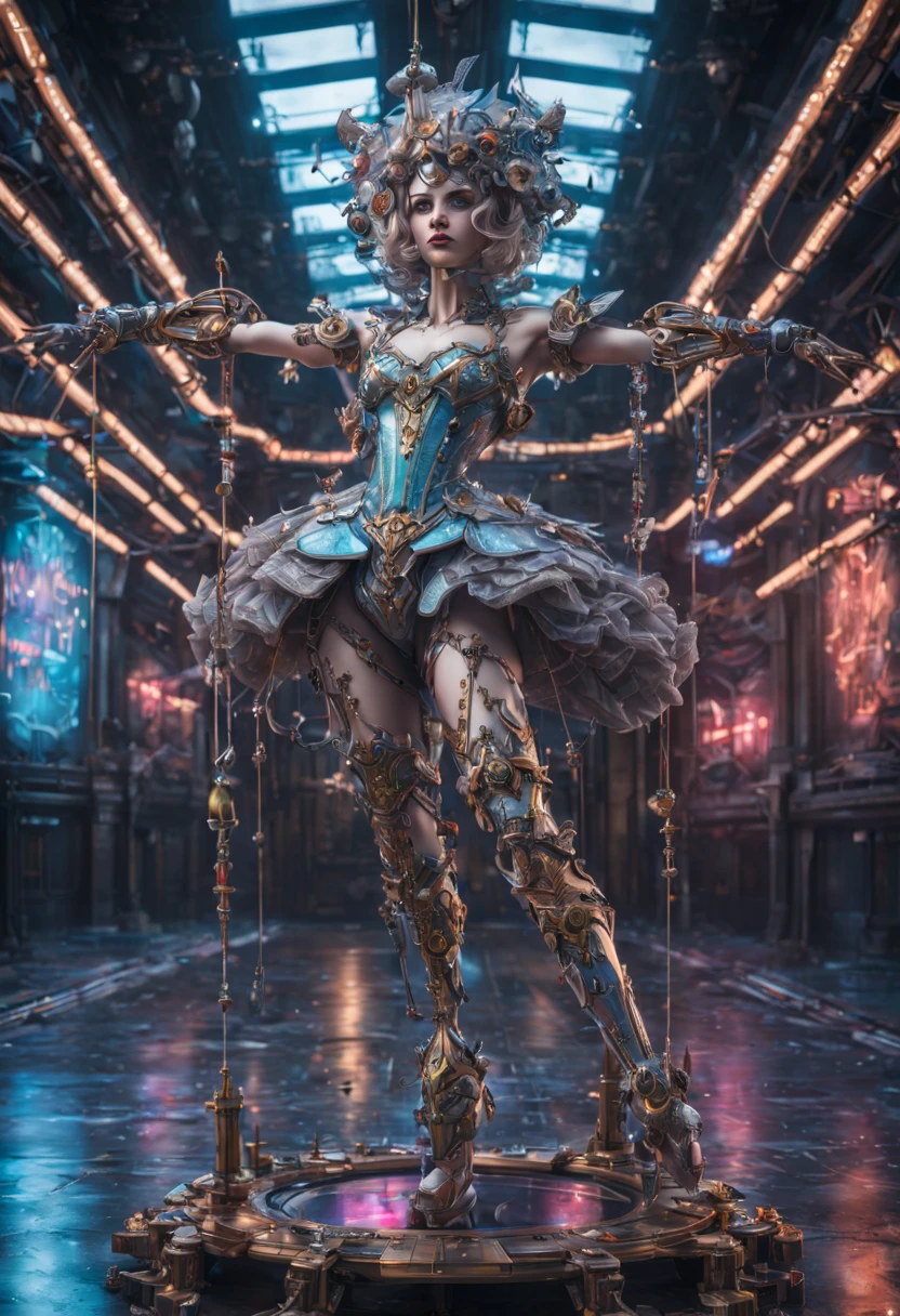Mechanical Puppet, aesthetic, Cute, sparkling female ballerina puppet on strings at a Russian theatre. Highly detailed, photorealistic, 8k resolution. Intricate details, HDR, beautifully shot, hyperrealistic, sharp focus, megapixels, perfect composition, high contrast, cinematic, moody. graffiti art, splash art, street art, spray paint, oil gouache melting, acrylic, high contrast, colorful polychromatic, ultra detailed, ultra quality, CGSociety, intricate mech details, ground level shot, 8K resolution, Cinema 4D, Behance HD, polished metal, Unreal Engine 5, rendered in Blender, sci-fi, futuristic, trending on Artstation, epic, cinematic background, dramatic, atmospheric