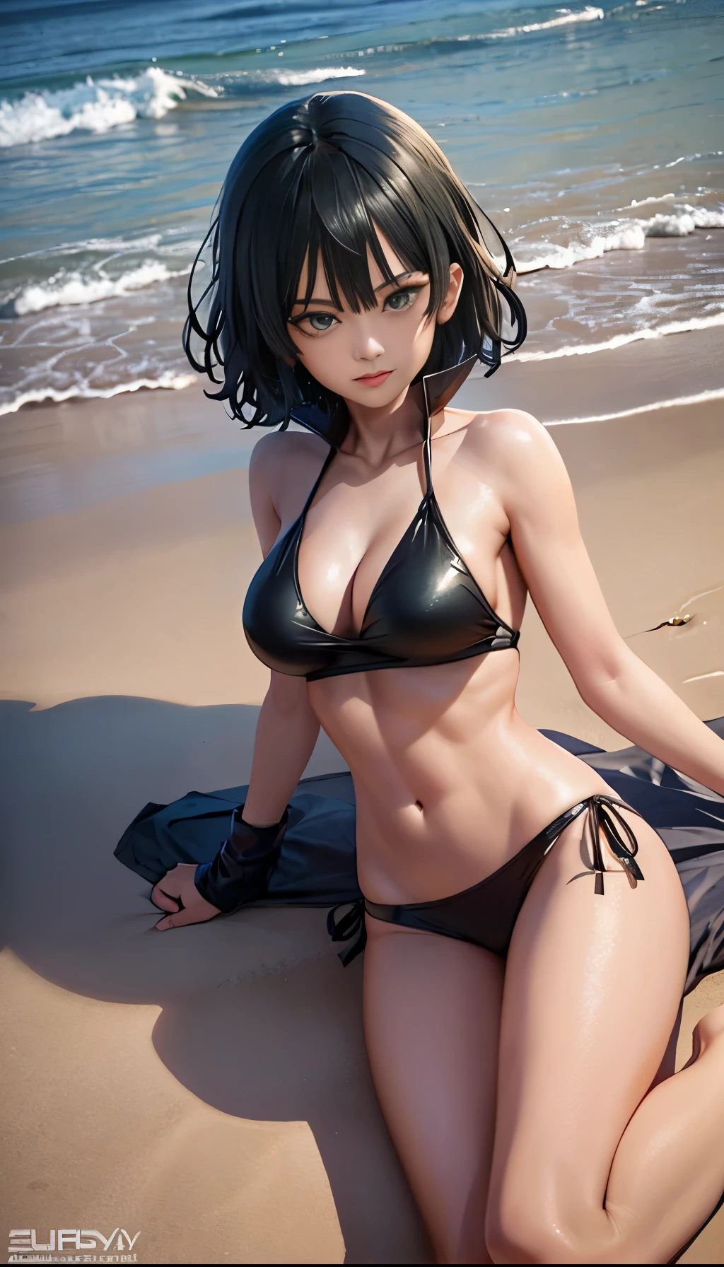 Chica de anime acostada en una cama con una botella de cerveza, fubuki de One Punch Man, fubuki, fubuki con cabello verde rizado, en una playa, Fanart de alta calidad, en la playa, Tendencias en ArtStation Pixiv, Guweiz y Pixiv Artstation, Fanart exquisito altamente detallado, Artgerm extremadamente detallado, ArteZerochan,bikini ajustado,sentado,piernas cruzadas.