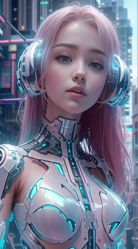 Translucent ethereal mechanical girl，futuristic girl，Mechanical joint，futuristic city background，Model shooting style, (Extremely detailed CG unified 8k wallpaper), The beauty of abstract style,，Surrealism, 8k, Super detailed, best quality, Award-winning, anatomically correct, 16k, Super detailed