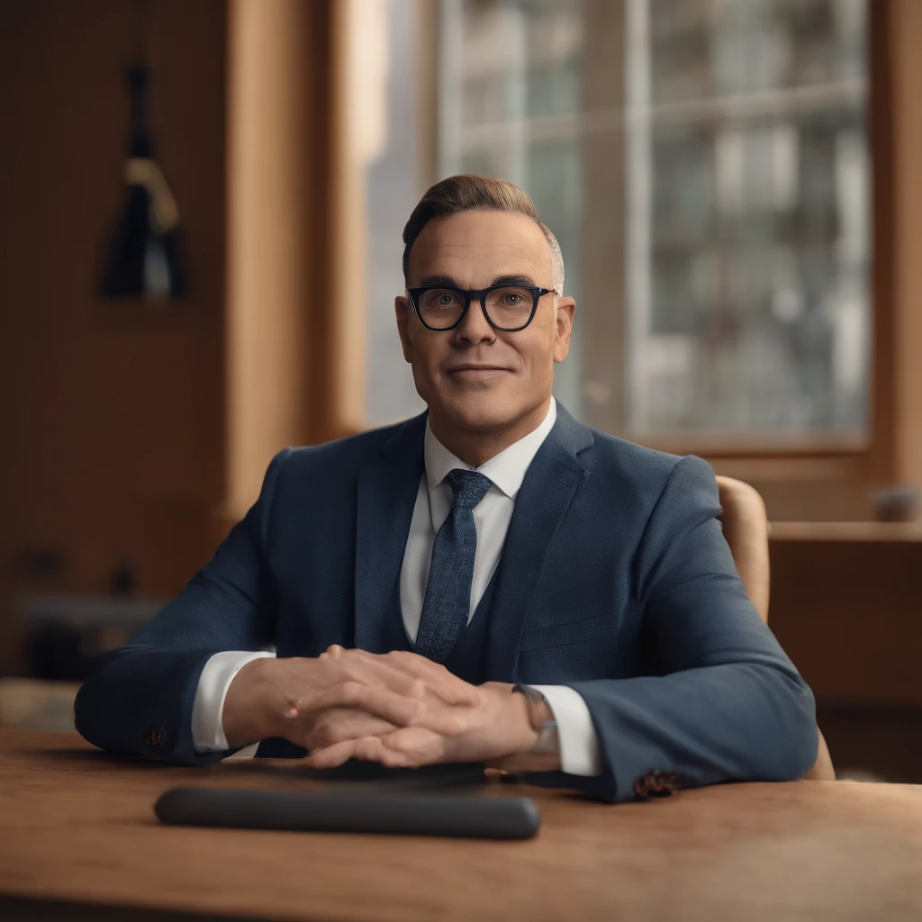 Cartoon character of a man with glasses, branco, barba branca, careca e uma camisa azul, animation character, Caractere estilizado, animation style rendering, 3D estilizado, Arnold Maya rendering, Stylized 3D rendering, toon render screenshot, Personagem 3D, Personagem 3D, Stylized 3D rendering, 3D character rendering, personagem de desenho animado, Personagem de close up, Pose de personagem,  (Estilo Pixar) (Parte Mestre:1.2) (bokeh) (melhor qualidade) (pele detalhada) (textura detalhada) (8K) (argila) (Cinematic lighting) (sharp focus