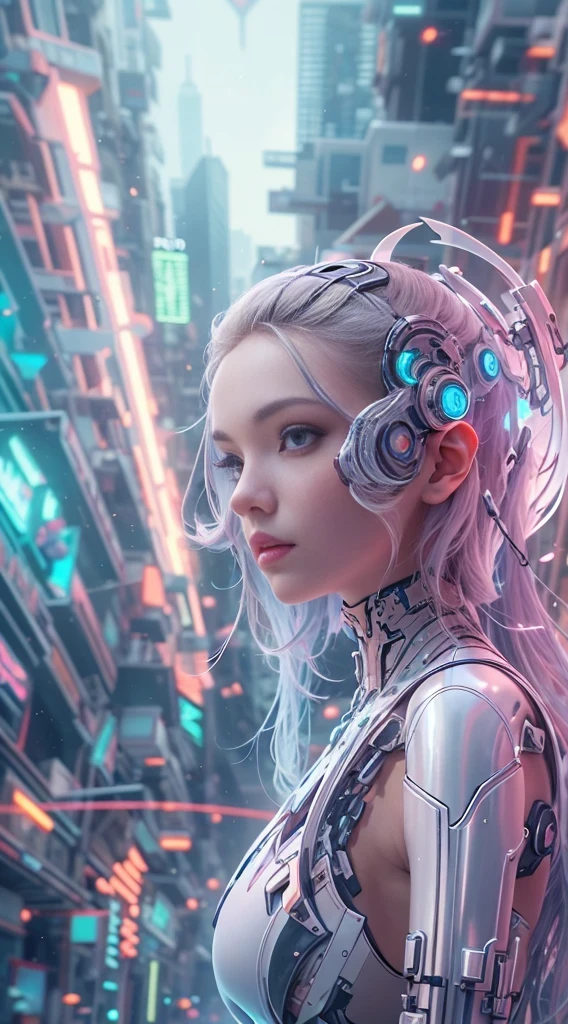 Translucent ethereal mechanical girl，futuristic girl，Mechanical joint，futuristic city background，Model shooting style, (Extremely detailed CG unified 8k wallpaper), The beauty of abstract style,，Surrealism, 8k, Super detailed, best quality, Award-winning, anatomically correct, 16k, Super detailed