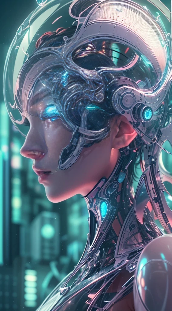Translucent ethereal mechanical girl,futuristic girl,Mechanical joint,futuristic city background,Model shooting style, (Extremely detailed CG unified 8k wallpaper), The beauty of abstract style,,Surrealism, 8k, Super detailed, best quality, Award-winning, anatomically correct, 16k, Super detailed
