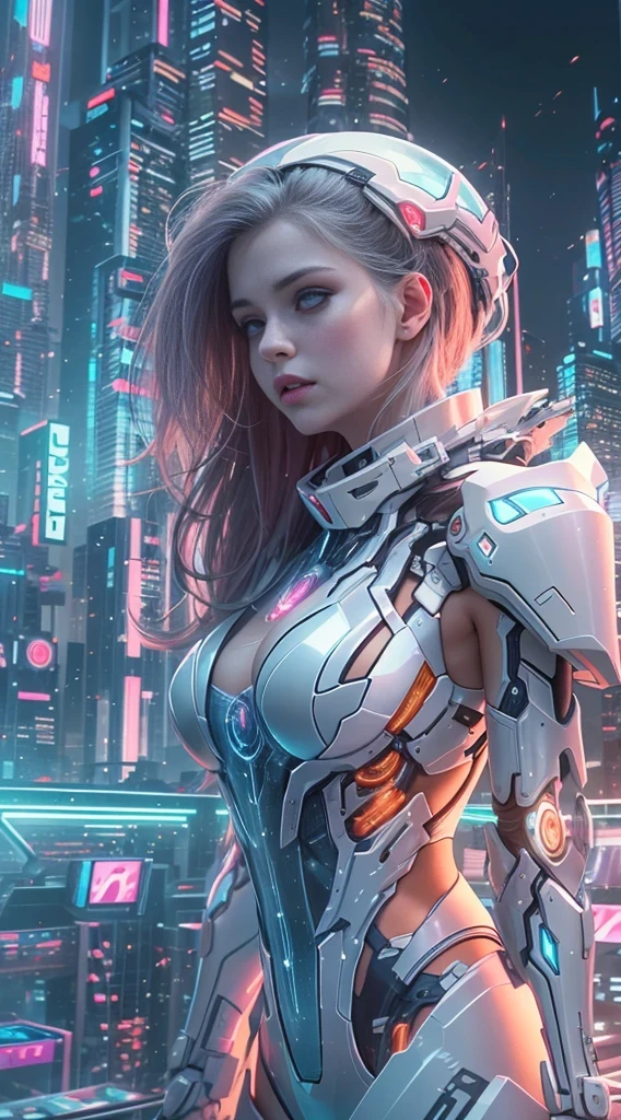 Translucent ethereal mechanical girl，futuristic girl，Mechanical joint，futuristic city background，Model shooting style, (Extremely detailed CG unified 8k wallpaper), The beauty of abstract style,，Surrealism, 8k, Super detailed, best quality, Award-winning, anatomically correct, 16k, Super detailed