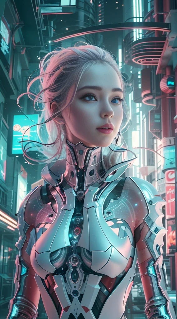 Translucent ethereal mechanical girl，futuristic girl，Mechanical joint，futuristic city background，Model shooting style, (Extremely detailed CG unified 8k wallpaper), The beauty of abstract style,，Surrealism, 8k, Super detailed, best quality, Award-winning, anatomically correct, 16k, Super detailed