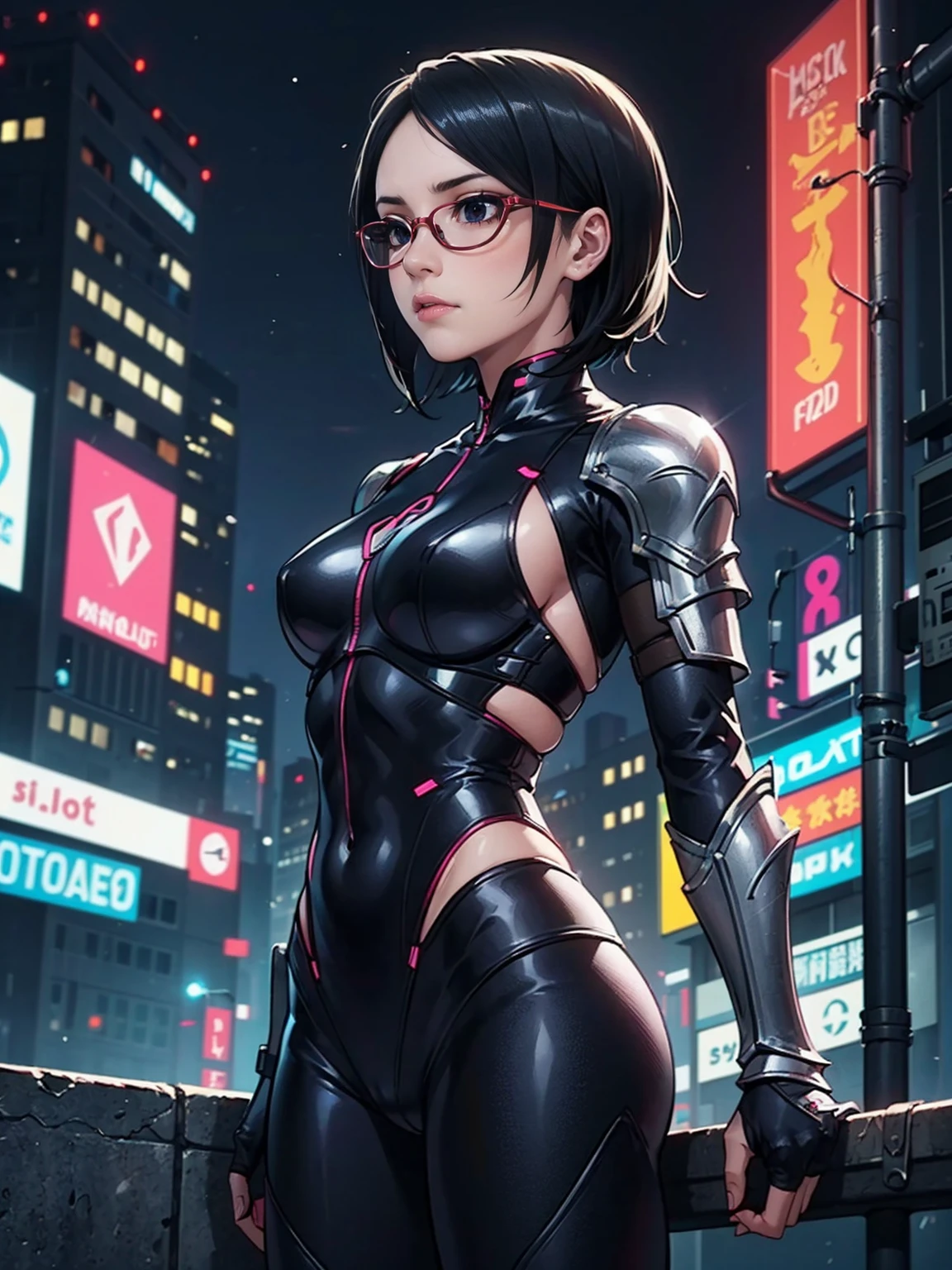 (Original, small breasts, 1girl, solo), (very detailed wallpaper) , (best quality) , (work of art) ,struggling posture, artistic dedication, very detailed illustrations, (pink lipstick) , beautiful eyes, (Delicate Face) , perfect detail, (best lighting ), (super complex details), ((Alone, Sarada Uchiha, ((black eyes)), (wearing glasses, short hair, serious facial expression), Staring, confident)), (((black armor, dark armor, female armor, Fae Armor, daedricarmor, darkness shild, cyberpunk armor))), (cyberpunk background, cyberpunk city), night, moon, city, (((muscular, fitness, hot)))