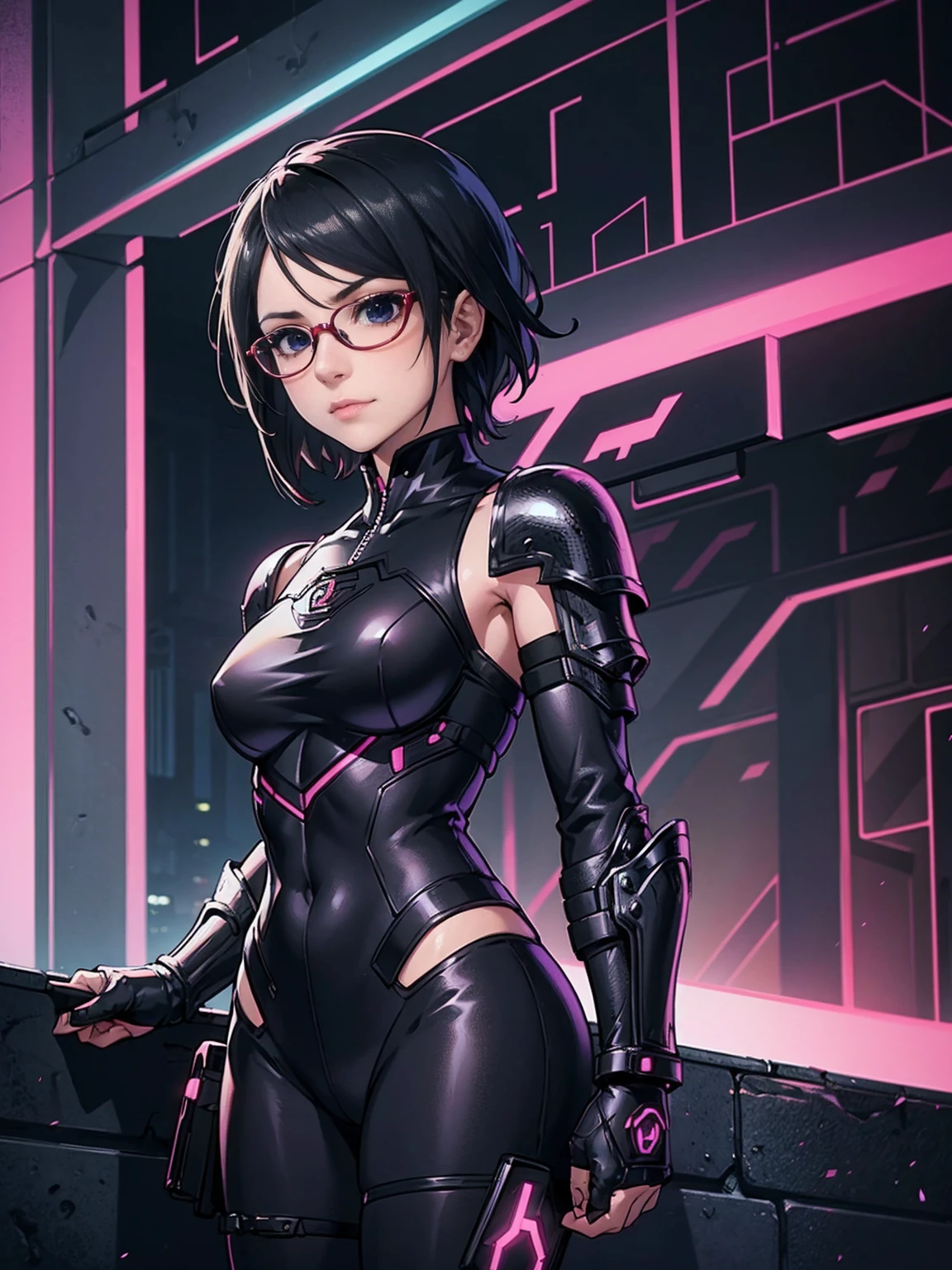 (Original, small breasts, 1girl, solo), (very detailed wallpaper) , (best quality) , (work of art) ,struggling posture, artistic dedication, very detailed illustrations, (pink lipstick) , beautiful eyes, (Delicate Face) , perfect detail, (best lighting ), (super complex details), ((Alone, Sarada Uchiha, ((black eyes)), (wearing glasses, short hair, serious facial expression), Staring, confident)), (((black armor, dark armor, female armor, Fae Armor, daedricarmor, darkness shild, cyberpunk armor))), (cyberpunk background, cyberpunk city), night, moon, city, (((muscular, fitness, hot)))