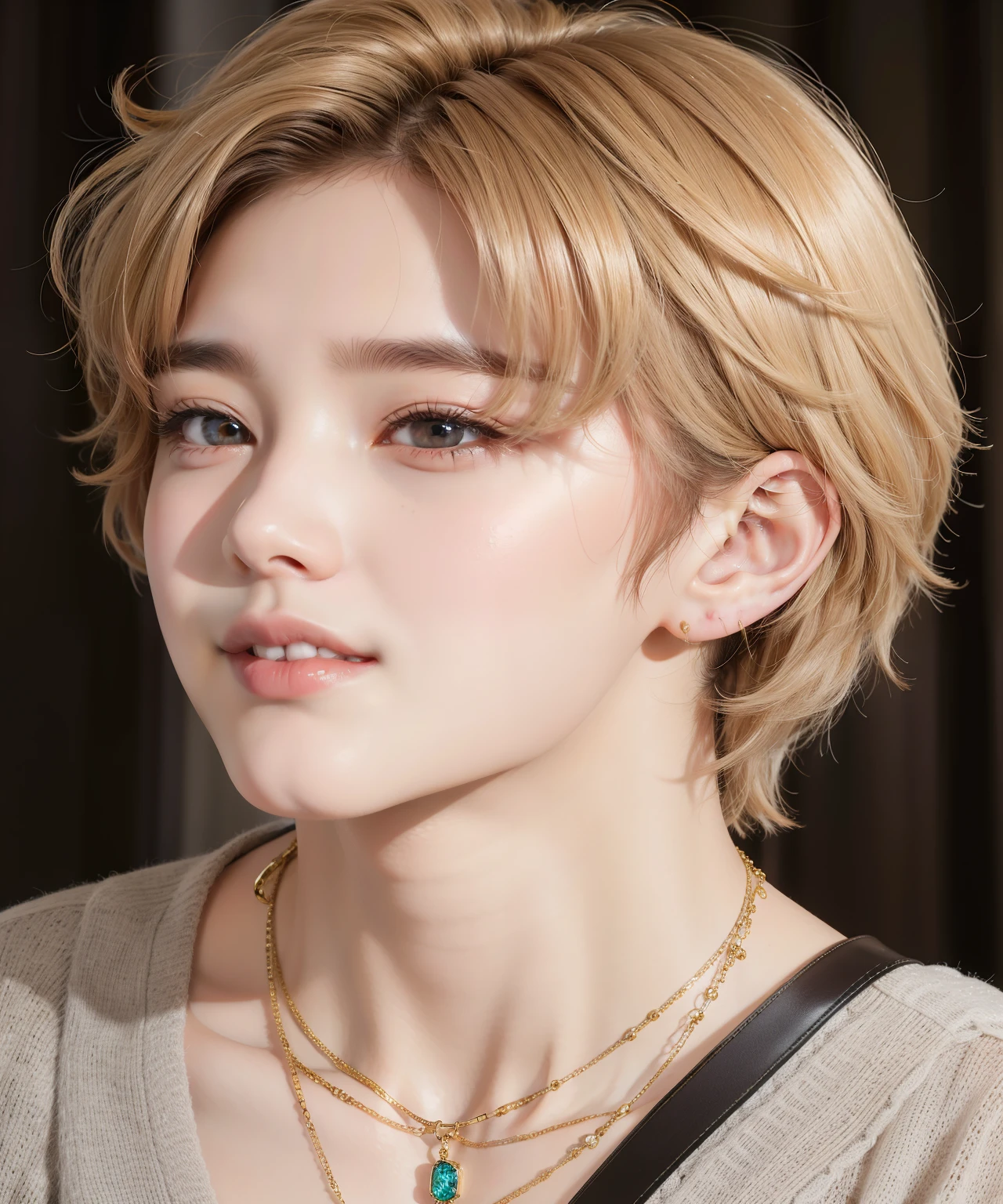 un primer plano de una persona con un collar en un collar, cai xukun, Jung Jaehyun, pale korean adorable face, todos del grupo nct, hyung tae, con el mismo peinado, marca lee, con pelo corto, shy smile, con cara linda - fina, beautiful androgynous prince, Kpop idol portrait, encantadora sonrisa astuta, kim taejin