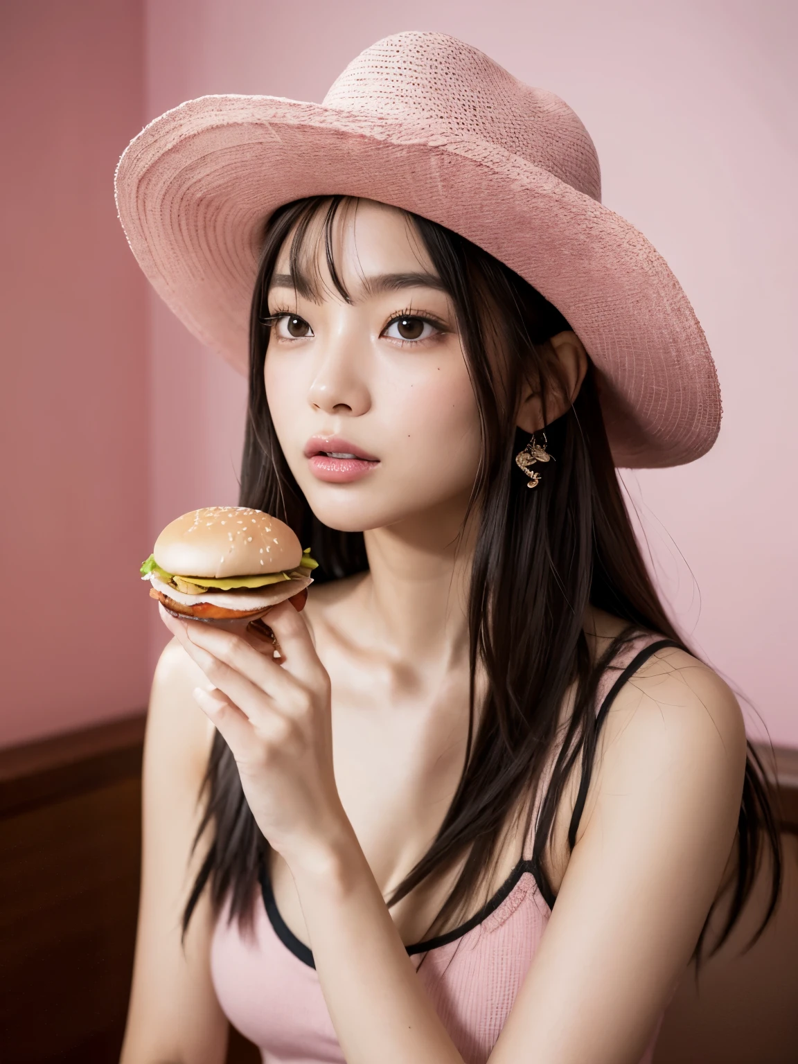 Kim Jennie de blackpink con el cabello rubio claro, cabello rubio con ondulado, cabello de color rubio ondulado, with small fringes, ojos color negro, nariz respingada y bonita, labios gruesos, Cupid and heart shaped lips.., labios rosas, pale, piel blanca, piel bonita y suave, con pecas y lunares, cejas bonitas, marked and beautiful clavicle, mientras tiene un gorro en forma de hamburguesa, gorro en forma de hamburguesa, mientras tiene un rosas color rojo tinto en su top, rojo oscuro, con ropa interior femenina, abdomen delgado y bonito, escote desnudo, (pechos grandes, pechos suaves, pechos naturaleientras agarra una rosa, in a room with a pink background, eating hamburgers and asian noodles, con un sombrero de vaquero, con un sombrero de vaquero, mirando a la camara, autofoto
