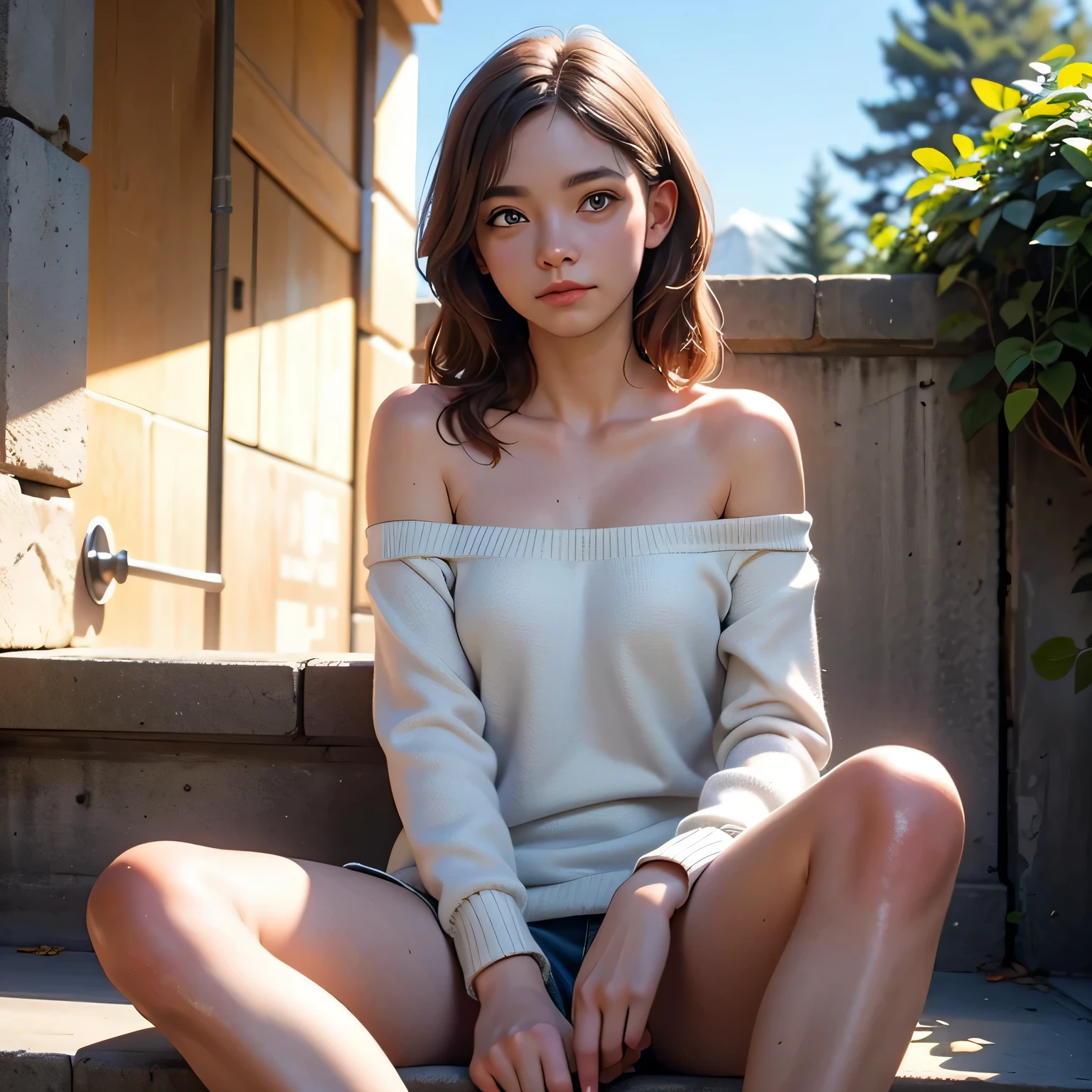 (masterpiece, best quality,) sharp, detailed, good resolution, 1 girl, sitting spreads legs, looking at viewer, leaning back, against wall, off shoulder, sunlight