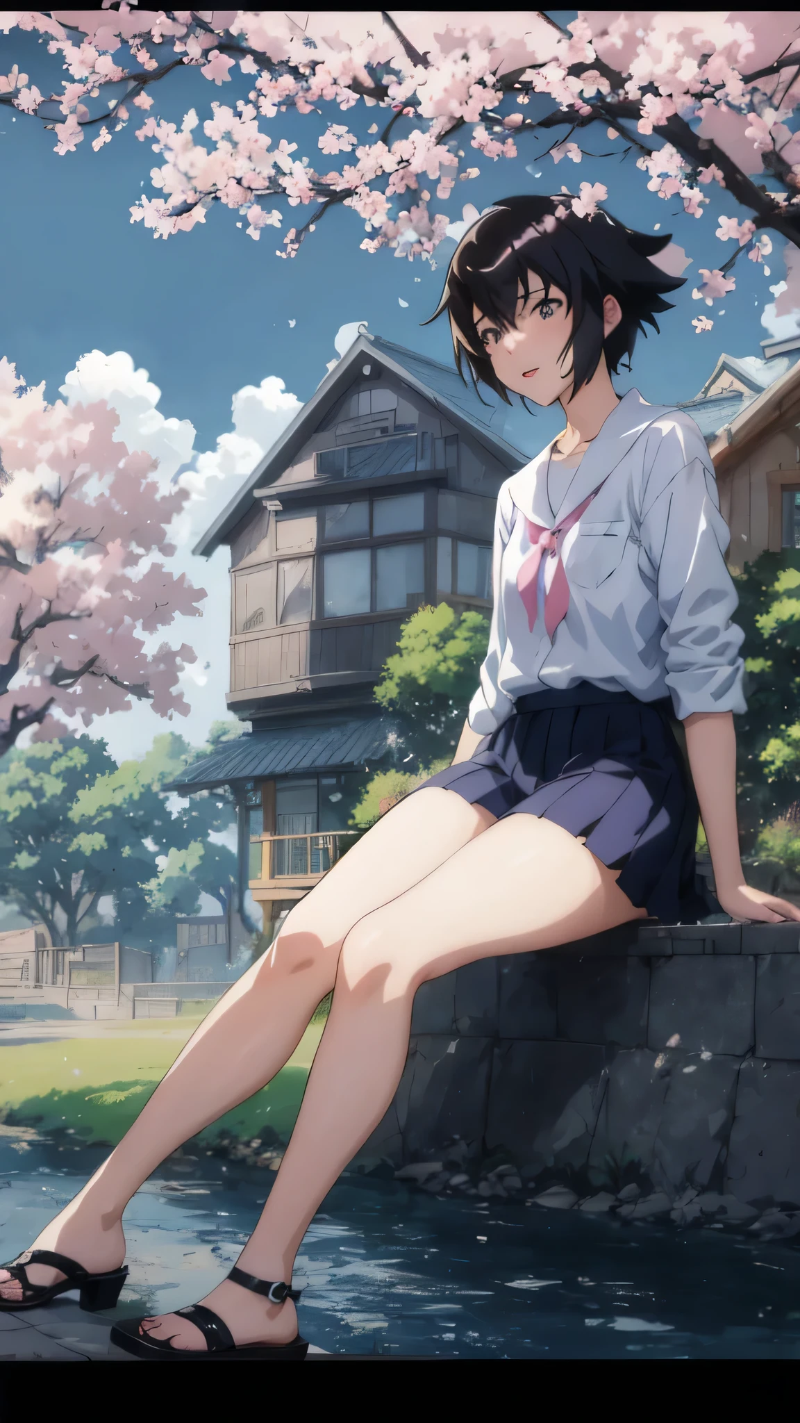 Anime house with a bridge and cherry blossom trees in the background, ( ( Makoto Shinkai ) ), Studio Gribly Makoto Shinkai, Makoto Shinkai's style, in Makoto Shinkai's style, Makoto Shinkai. — 2160 hours, Drawn at Anime Painter Studio, anime background art, Makoto Shinkai. high detail