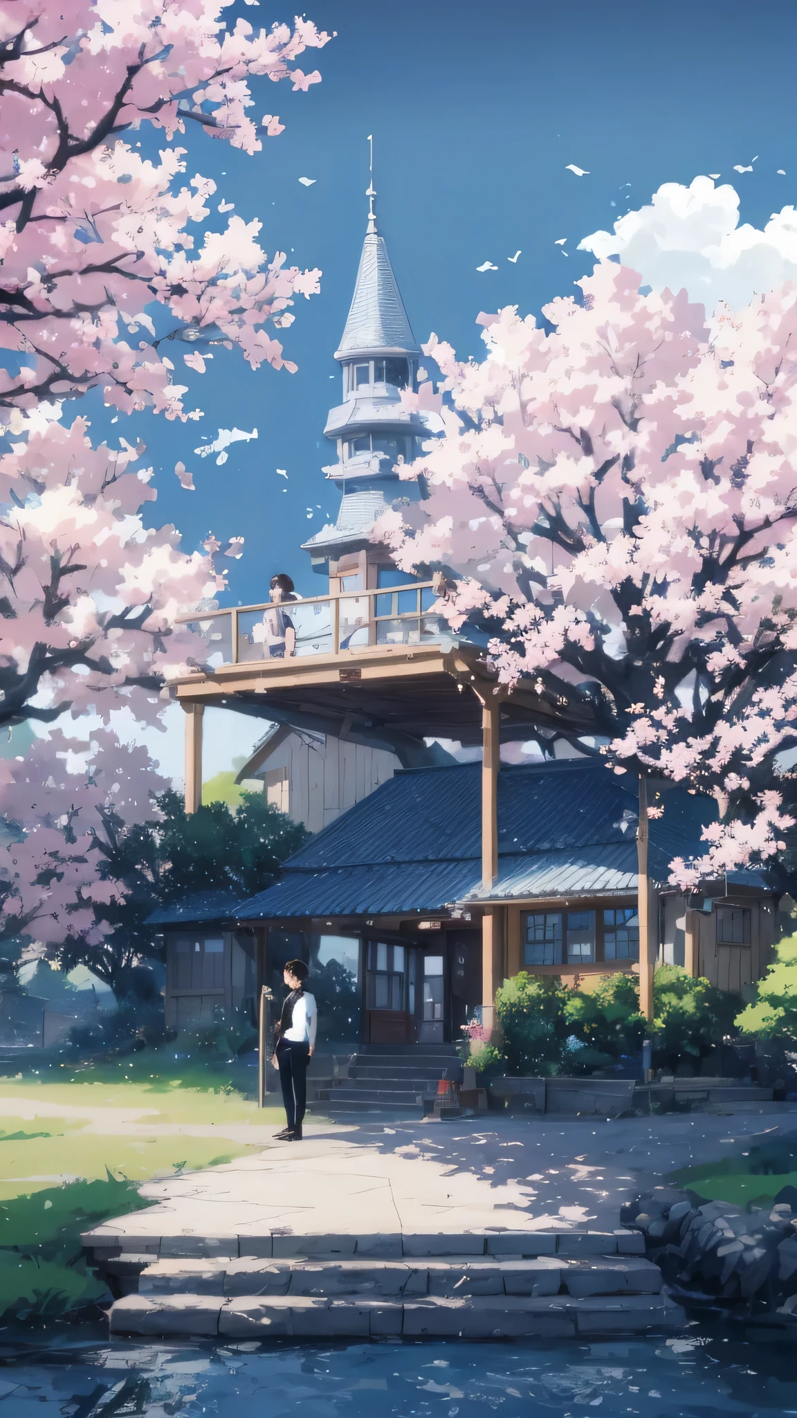 Anime house with a bridge and cherry blossom trees in the background, ( ( Makoto Shinkai ) ), Studio Gribly Makoto Shinkai, Makoto Shinkai's style, in Makoto Shinkai's style, Makoto Shinkai. — 2160 hours, Drawn at Anime Painter Studio, anime background art, Makoto Shinkai. high detail