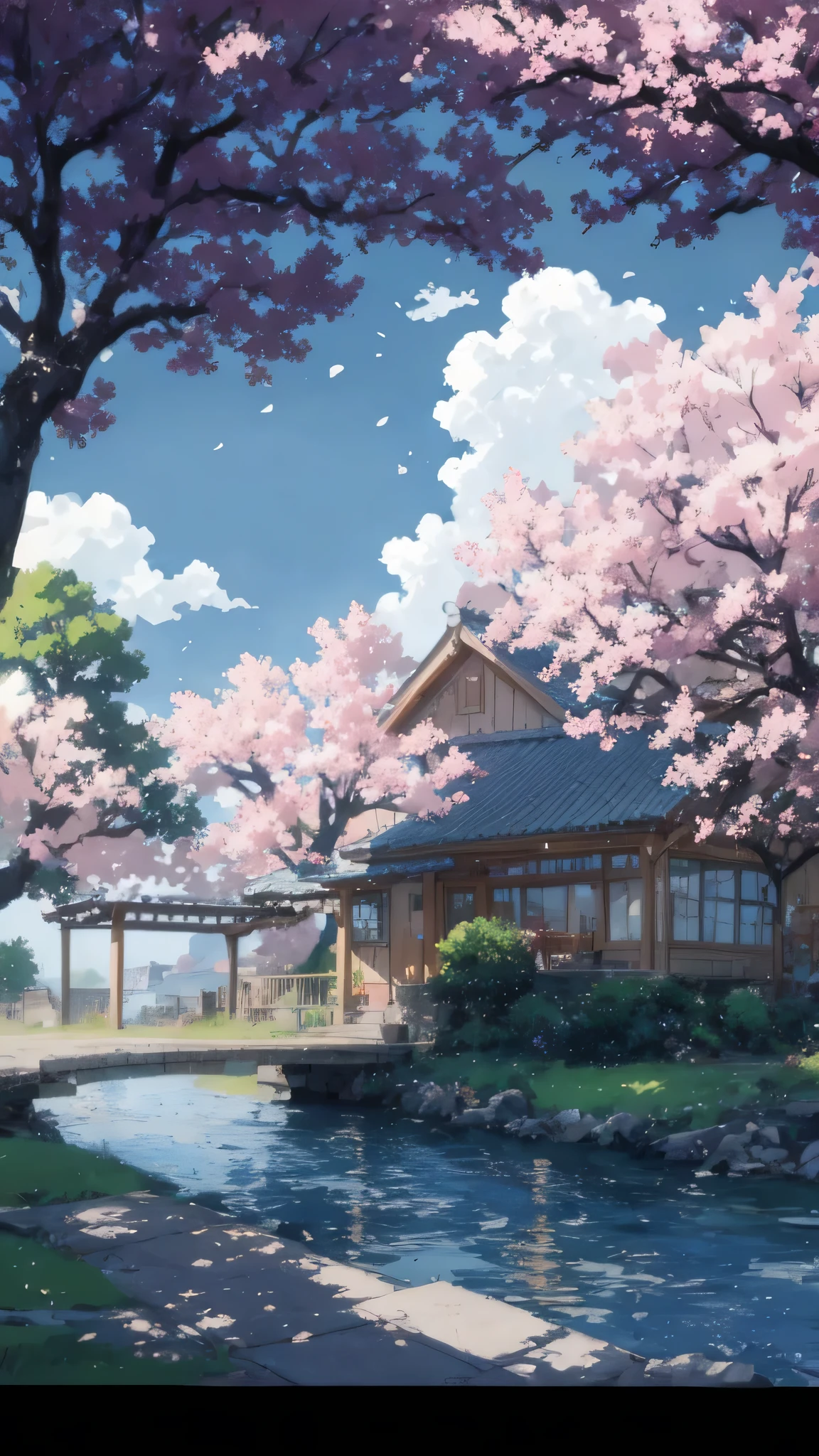 Anime house with a bridge and cherry blossom trees in the background, ( ( Makoto Shinkai ) ), Studio Gribly Makoto Shinkai, Makoto Shinkai's style, in Makoto Shinkai's style, Makoto Shinkai. — 2160 hours, Drawn at Anime Painter Studio, anime background art, Makoto Shinkai. high detail
