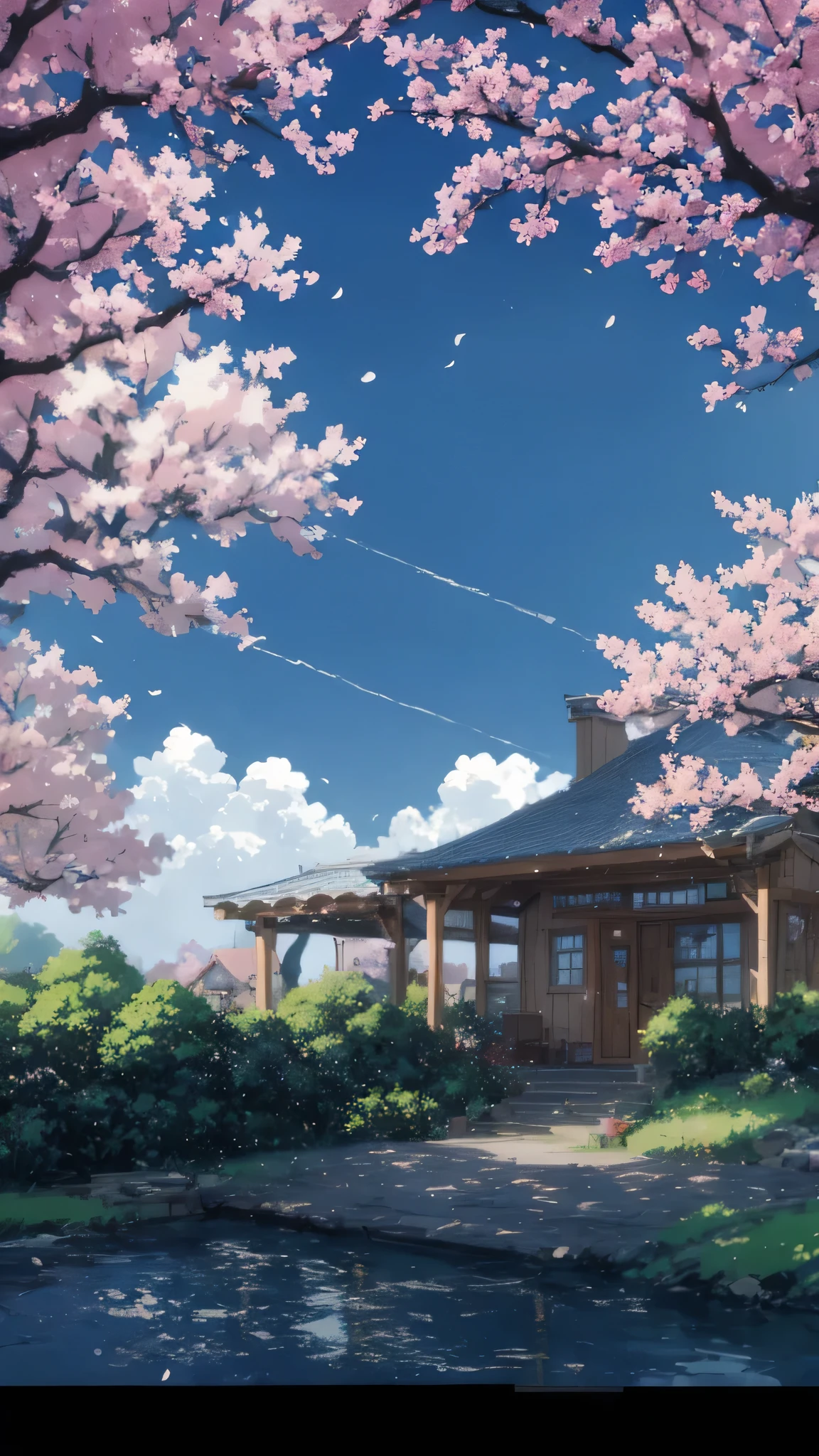 Anime house with a bridge and cherry blossom trees in the background, ( ( Makoto Shinkai ) ), Studio Gribly Makoto Shinkai, Makoto Shinkai&#39;s style, in Makoto Shinkai&#39;s style, Makoto Shinkai. — 2160 hours, Drawn at Anime Painter Studio, anime background art, Makoto Shinkai. high detail