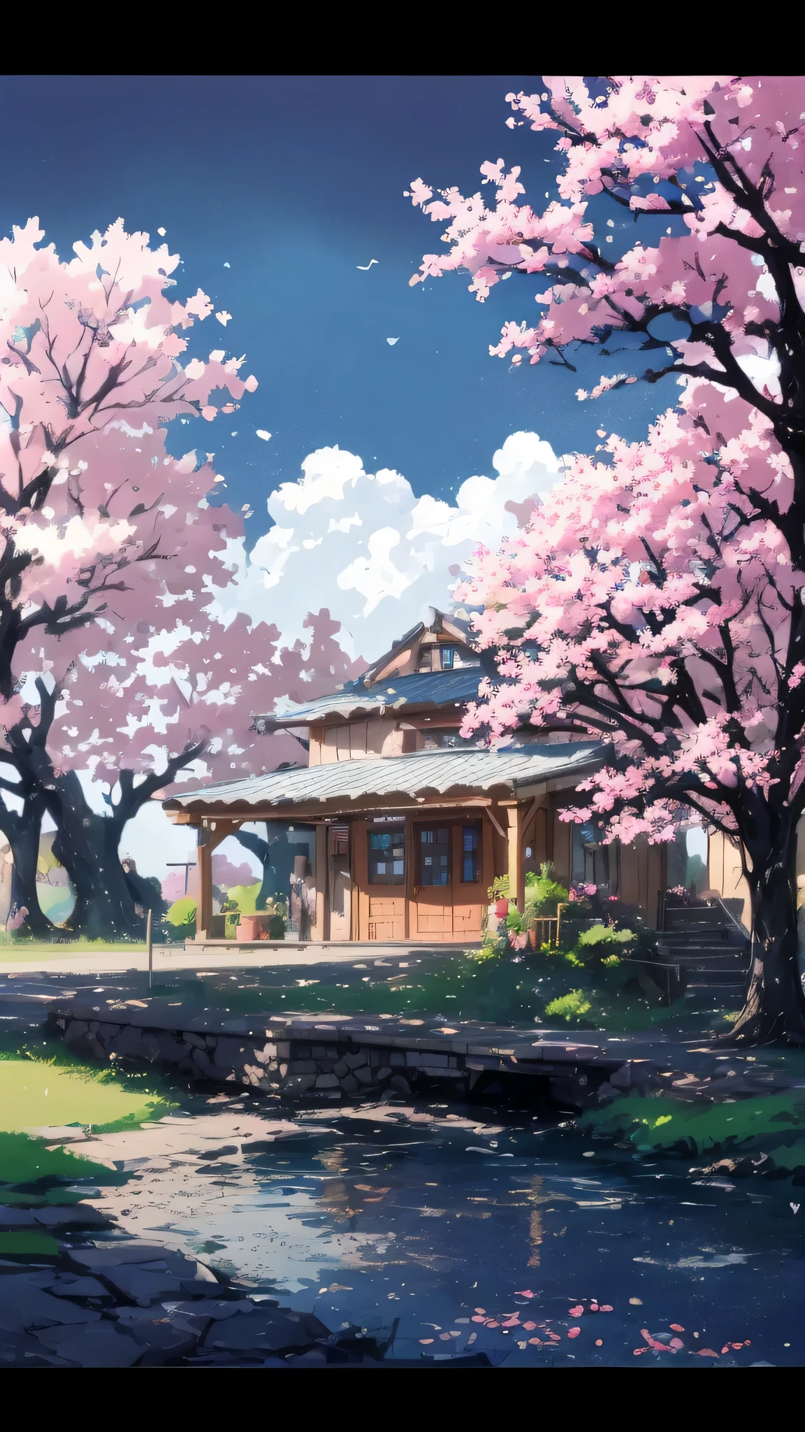Anime house with a bridge and cherry blossom trees in the background, ( ( Makoto Shinkai ) ), Studio Gribly Makoto Shinkai, Makoto Shinkai&#39;s style, in Makoto Shinkai&#39;s style, Makoto Shinkai. — 2160 hours, Drawn at Anime Painter Studio, anime background art, Makoto Shinkai. high detail