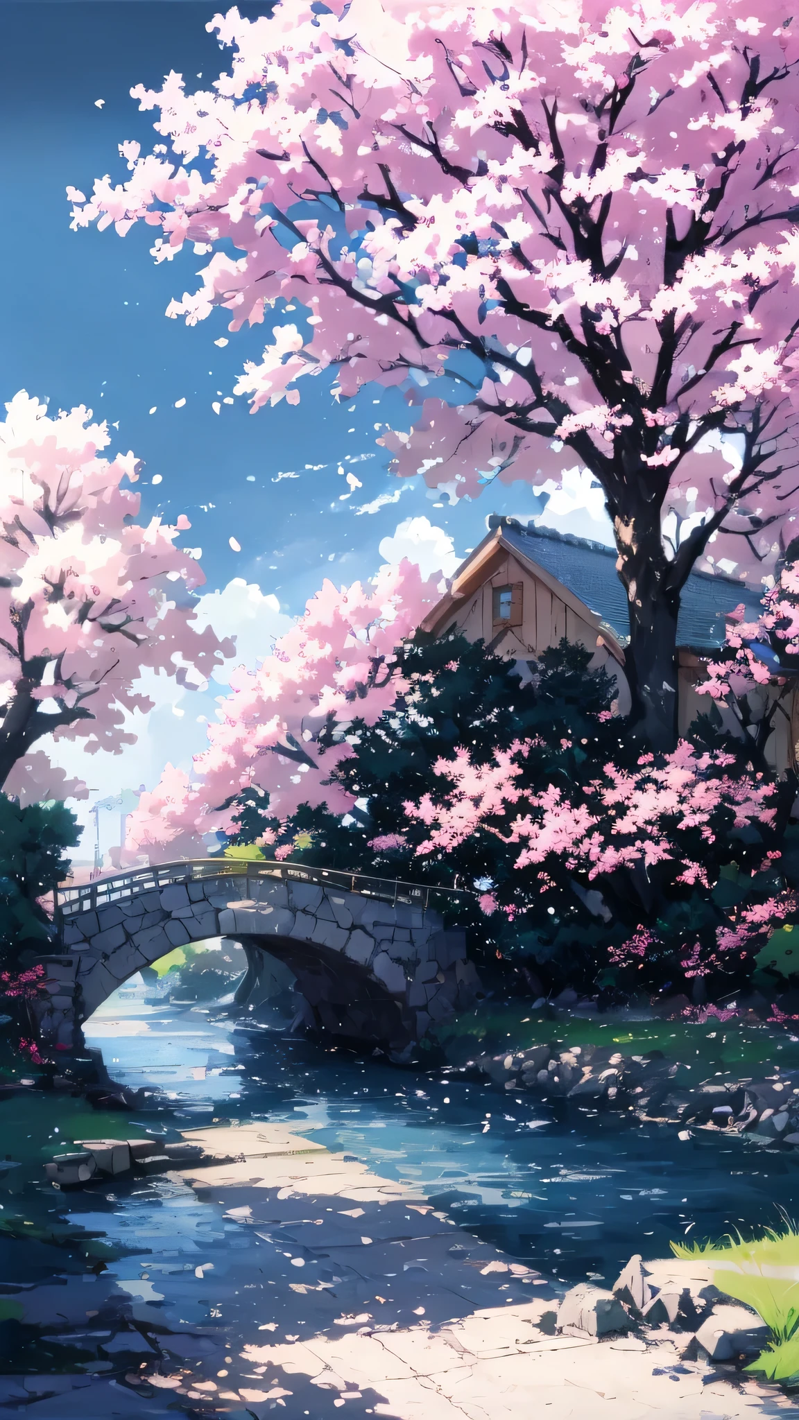 Anime house with a bridge and cherry blossom trees in the background, ( ( Makoto Shinkai ) ), Studio Gribly Makoto Shinkai, Makoto Shinkai's style, in Makoto Shinkai's style, Makoto Shinkai. — 2160 hours, Drawn at Anime Painter Studio, anime background art, Makoto Shinkai. high detail