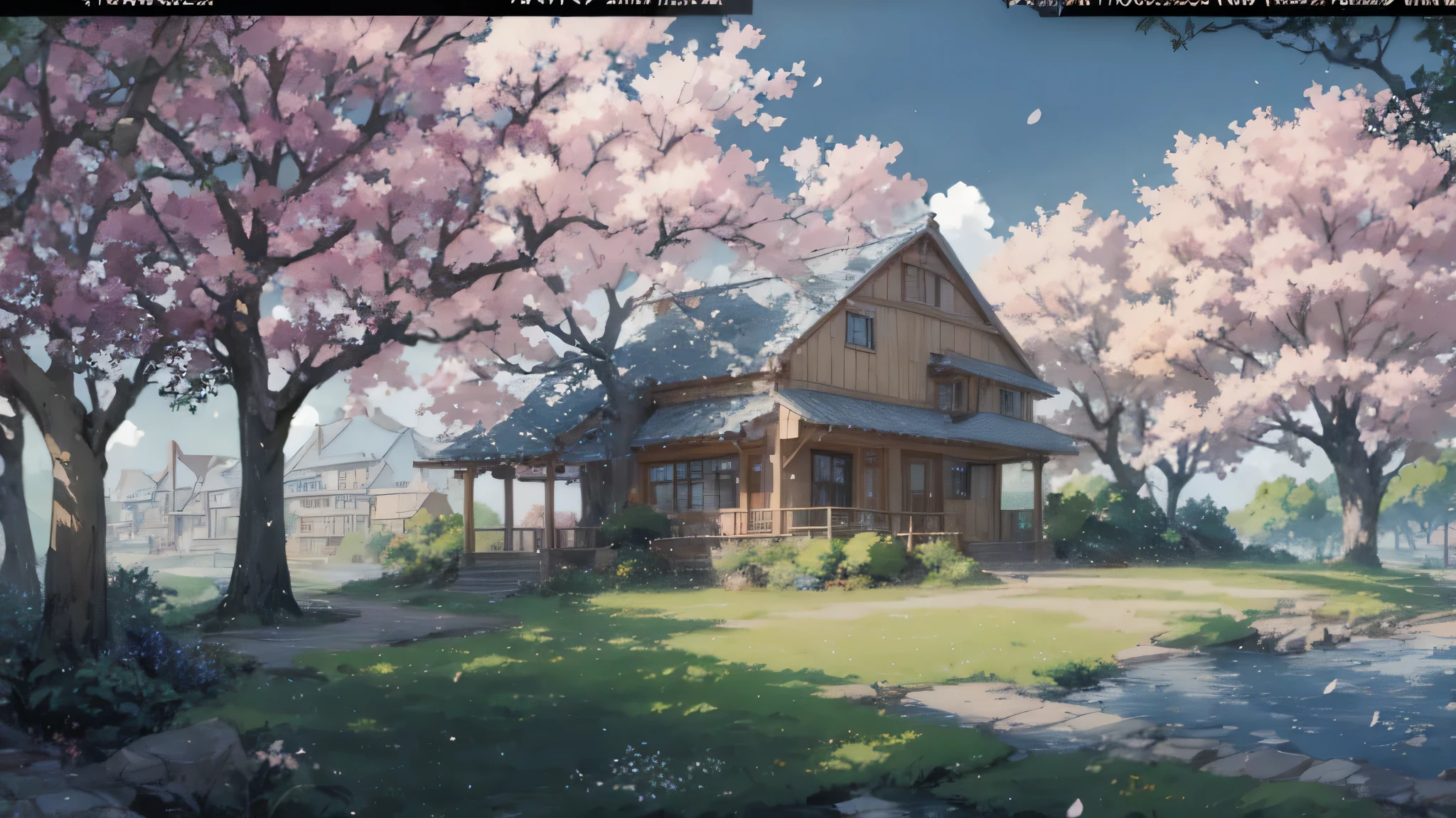 Anime house with a bridge and cherry blossom trees in the background, ( ( Makoto Shinkai ) ), Studio Gribly Makoto Shinkai, Makoto Shinkai&#39;s style, in Makoto Shinkai&#39;s style, Makoto Shinkai. — 2160 hours, Drawn at Anime Painter Studio, anime background art, Makoto Shinkai. high detail