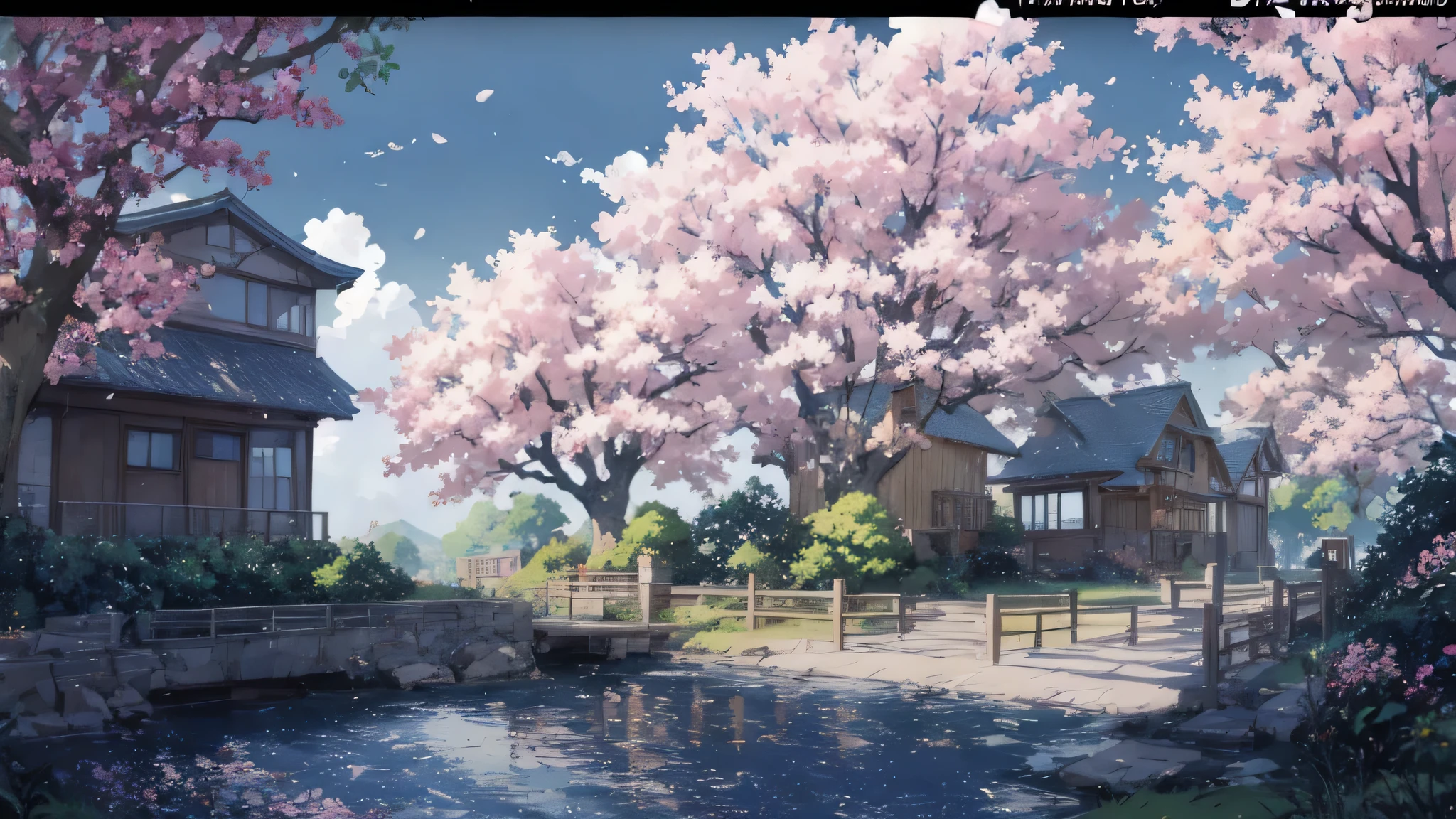 Anime house with a bridge and cherry blossom trees in the background, ( ( Makoto Shinkai ) ), Studio Gribly Makoto Shinkai, Makoto Shinkai's style, in Makoto Shinkai's style, Makoto Shinkai. — 2160 hours, Drawn at Anime Painter Studio, anime background art, Makoto Shinkai. high detail