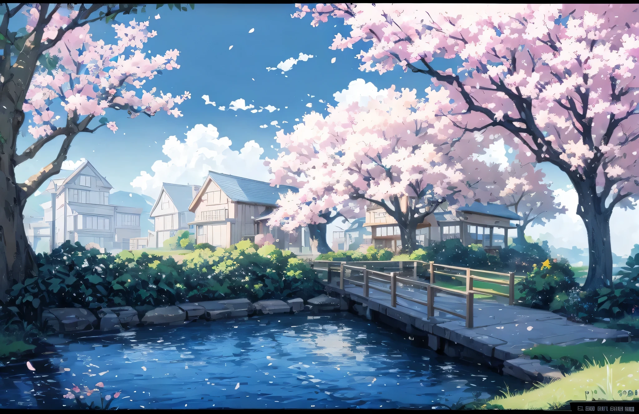 Anime house with a bridge and cherry blossom trees in the background, ( ( Makoto Shinkai ) ), Studio Gribly Makoto Shinkai, Makoto Shinkai's style, in Makoto Shinkai's style, Makoto Shinkai. — 2160 hours, Drawn at Anime Painter Studio, anime background art, Makoto Shinkai. high detail