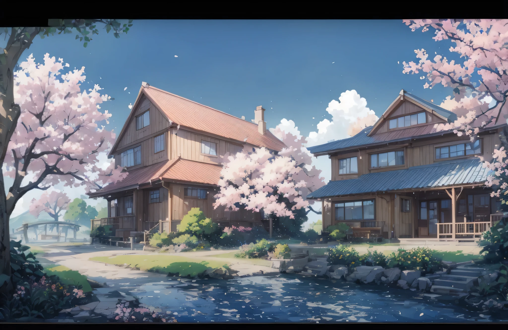 Anime house with a bridge and cherry blossom trees in the background, ( ( Makoto Shinkai ) ), Studio Gribly Makoto Shinkai, Makoto Shinkai&#39;s style, in Makoto Shinkai&#39;s style, Makoto Shinkai. — 2160 hours, Drawn at Anime Painter Studio, anime background art, Makoto Shinkai. high detail