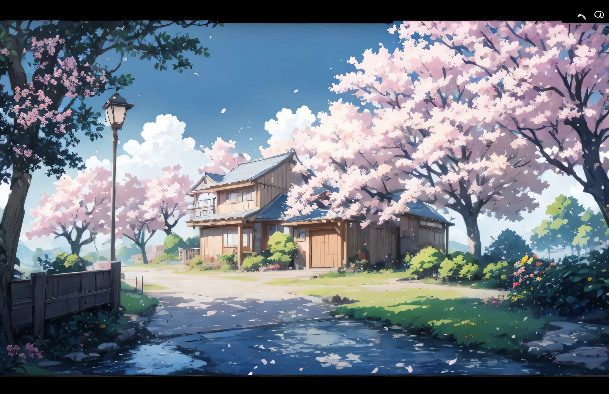 Anime house with a bridge and cherry blossom trees in the background, ( ( Makoto Shinkai ) ), Studio Gribly Makoto Shinkai, Makoto Shinkai&#39;s style, in Makoto Shinkai&#39;s style, Makoto Shinkai. — 2160 hours, Drawn at Anime Painter Studio, anime background art, Makoto Shinkai. high detail