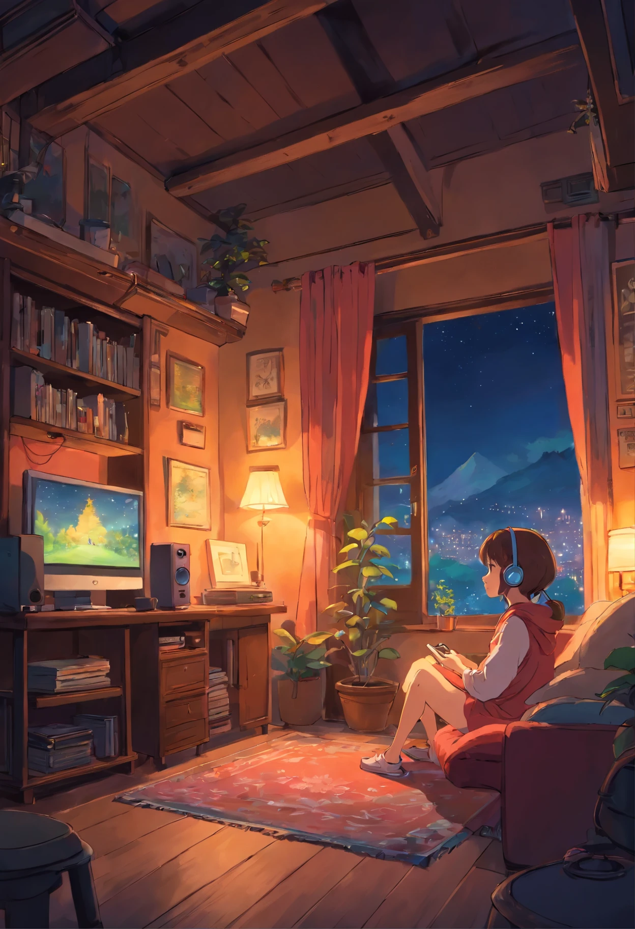 Girl listening to music in a cozy room at night, Usando fones de ouvido, anime estilo 2D, lo-fi, hard disk, Ambiente Escuro