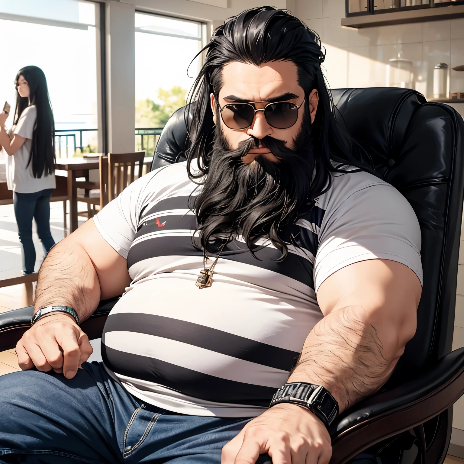 Masterpiece, Best Quality, Ultra-Detailed, 1man, fat man, black hair, long hair, black beard, sunglasses, social clothes, sitring in a chair, looking side