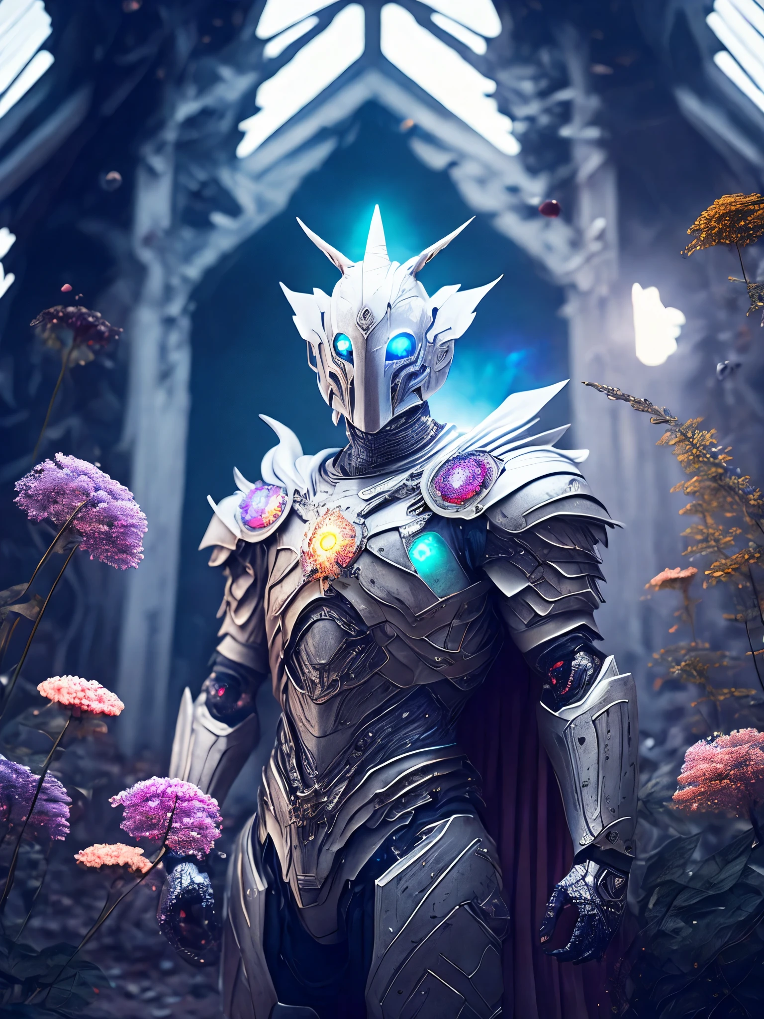 breathtaking cinematic science fiction photo of a portrait of a white knight, metal skin, body full of flowers and glowing metrics inside, glowing multicoloured eyes, multifaceted eyes, metallic arms, inside a destroyed building, extremely menacing creature, highly detailed, award-winning