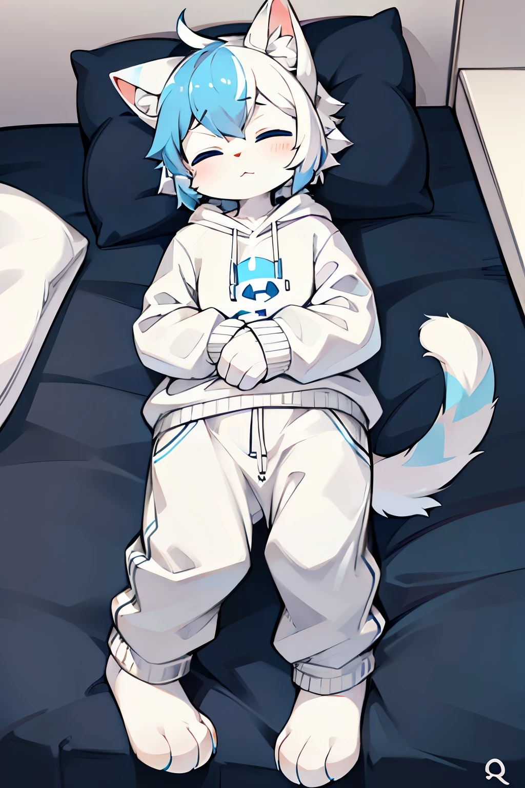 Cat，hairy，furry，Colorful Patterned White Sweatshirt，Black casual pants with white stripes，Q version，cute，Simple art style，Cartoon style，Close eyes，White hair on paws，Ears with blue hair and ear tips with white hair，blue hair on back，Tail blue with white tip，sleep，bed