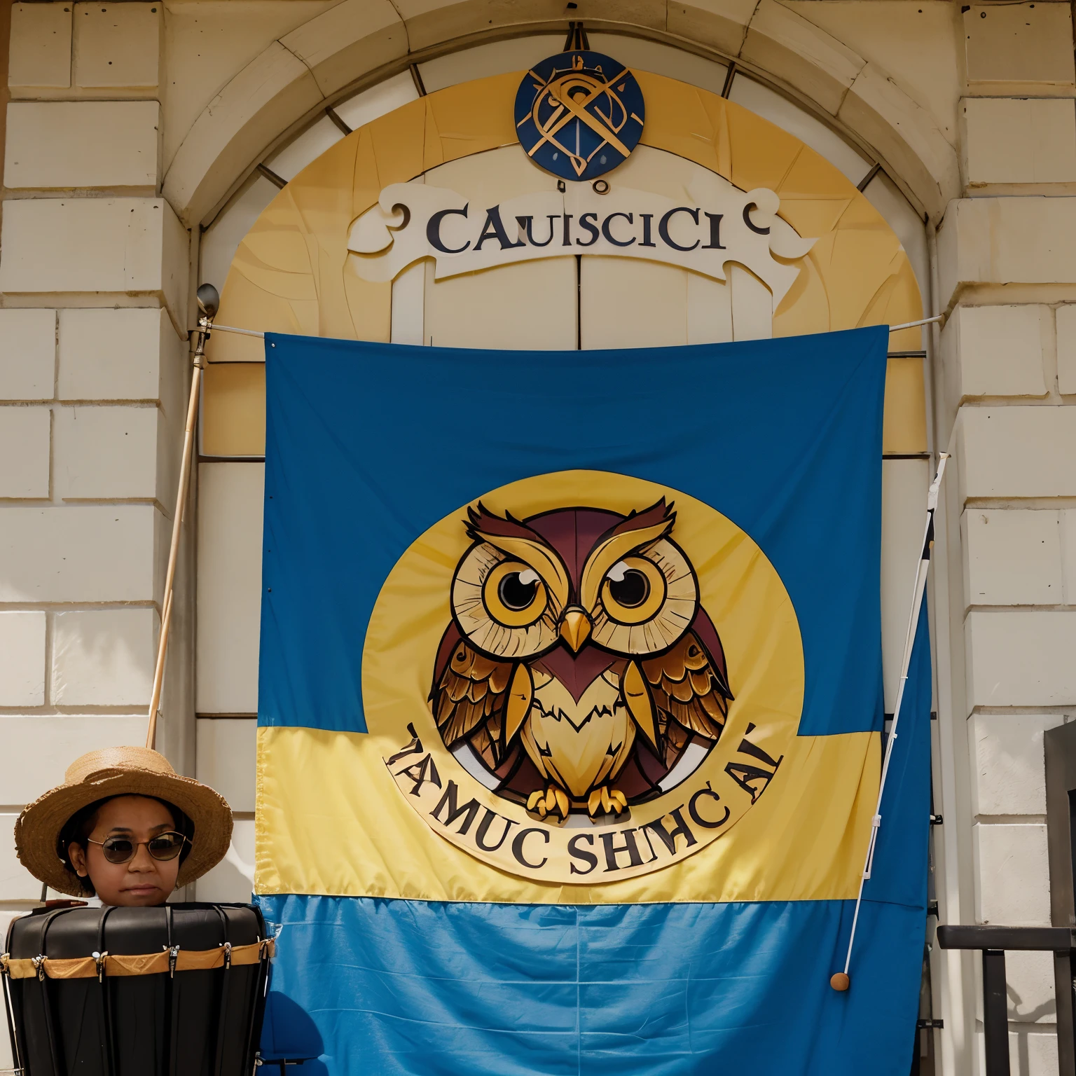 sign. "music academy" letters on a multi-colored staff. Instead of the sun, a cartoon owlet in an academician's costume with a musical instrument, drum or violin, or with notes. Treble clef and sheet music.