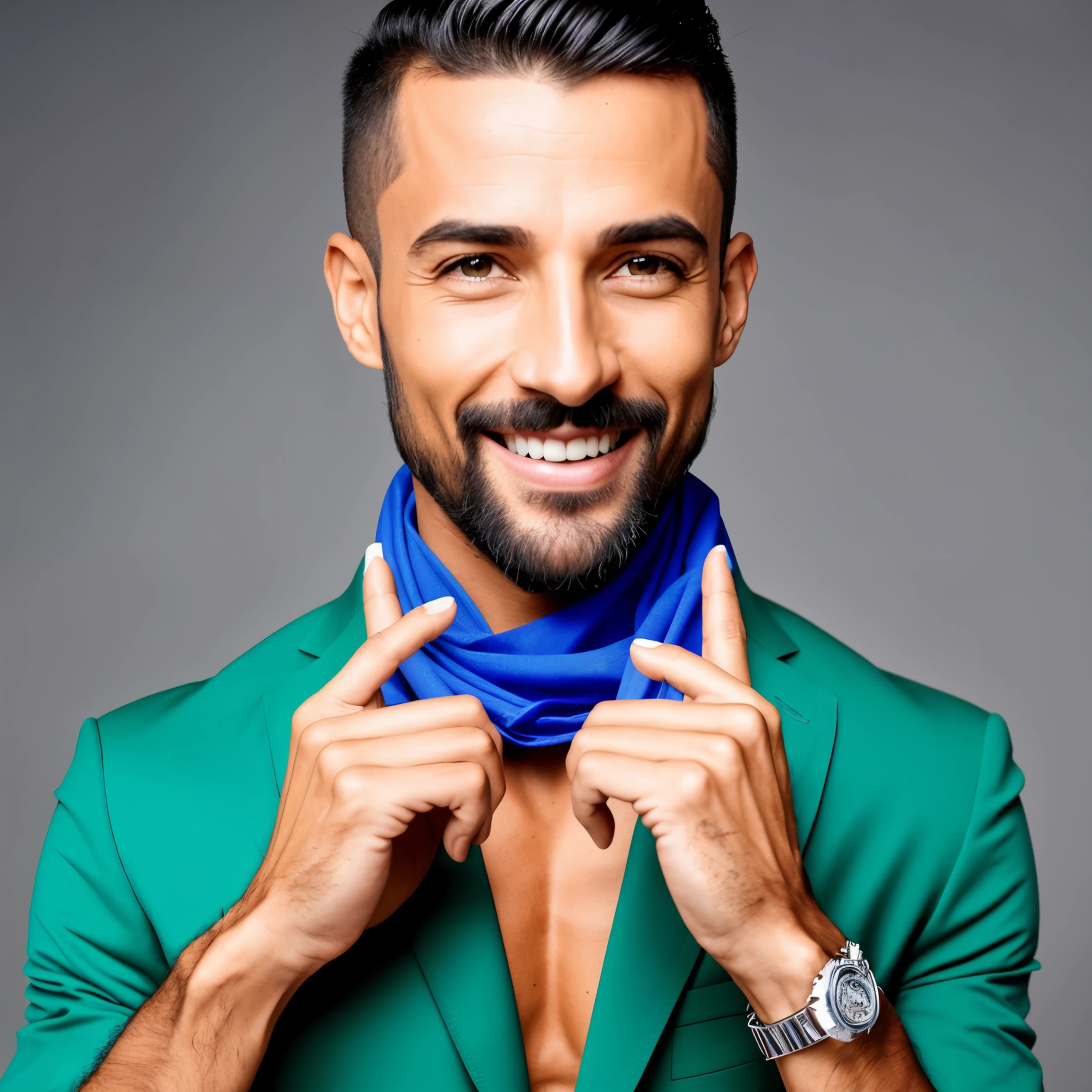charlzcjm, Headshots, (jack charlzcjm, olhos verdes castanhos brilhantes), (corte de cabelo cacheado com desbotamento baixo:1.14), (pele queimada pelo sol, Sombra das 5 horas) ((sorrindo, lustre)), rosto detalhado, detailed iris, fleshy lips, ((bonitinho, vestindo um moderno e luxuoso terno azul marinho escuro, pocket handkerchief, lustre, corte de cabelo ondulado e desbotado)), ((fundo cinza, symmetrical facial features)), detalhes intrincados, studio lighting, 80mm, retrato, Profundidade superficial de campo, CEO, sorrindo, feliz