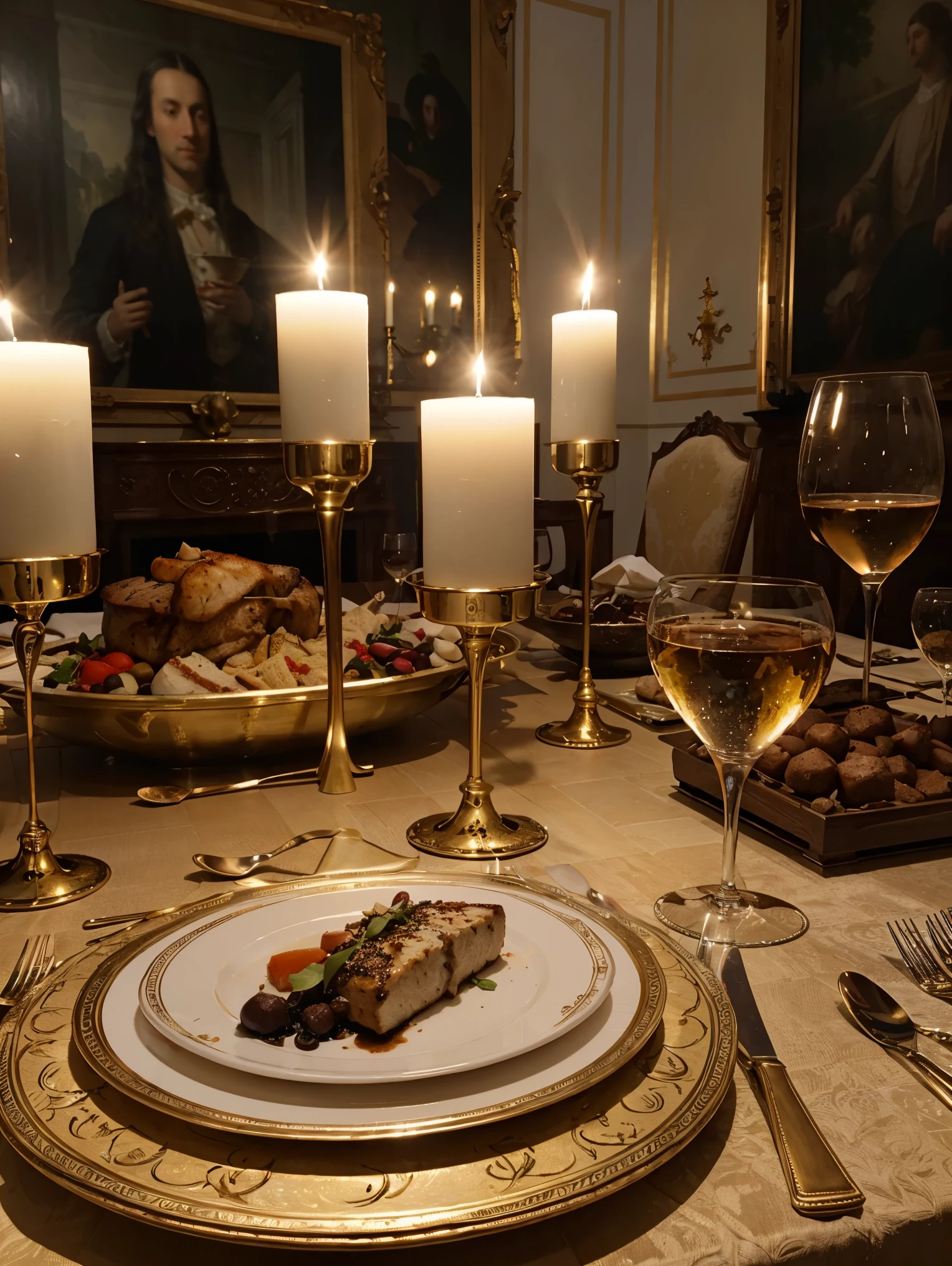Detailed photo, realistic, luxury dinner, feast in Versailles, 17th century