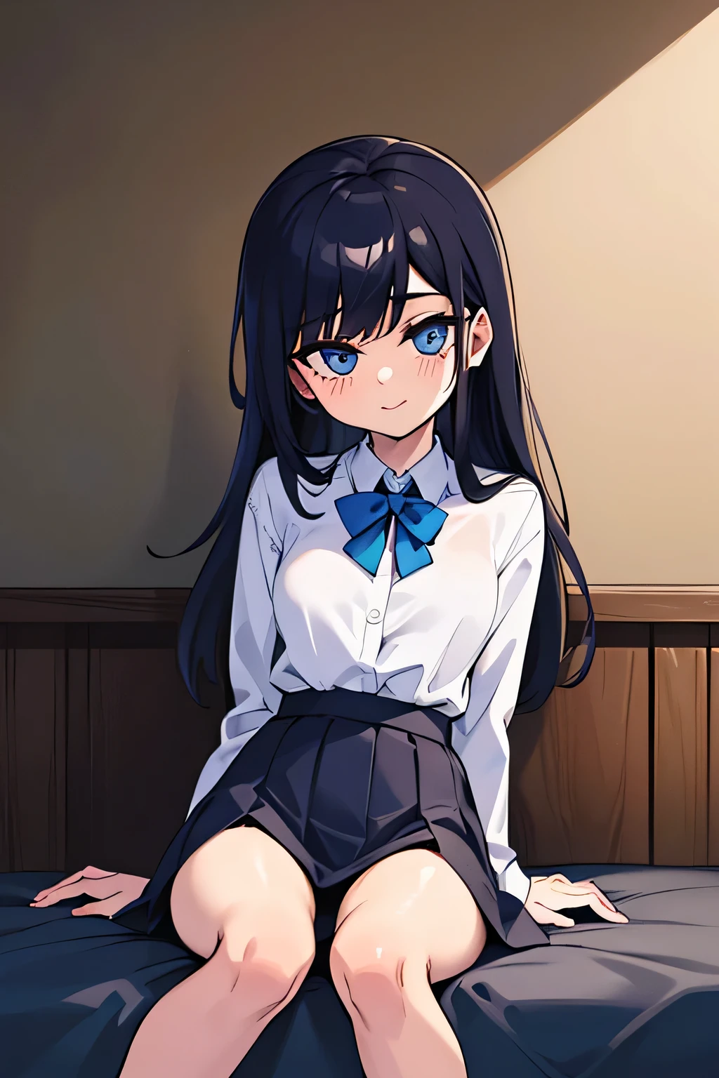 (Ultra bright color, Masterpiece, Best quality, blossom, Warm, soft light, modern, Hi-tech), 1 girl, One, White shirt, (black skirt) ,white stockingsbeautiful , beautiful detailed face, slight smile, (black blue) Medium hair, (detailed (blue) Ruby eyes), Sitrom&#39;s side:0.8, young, small breasts
