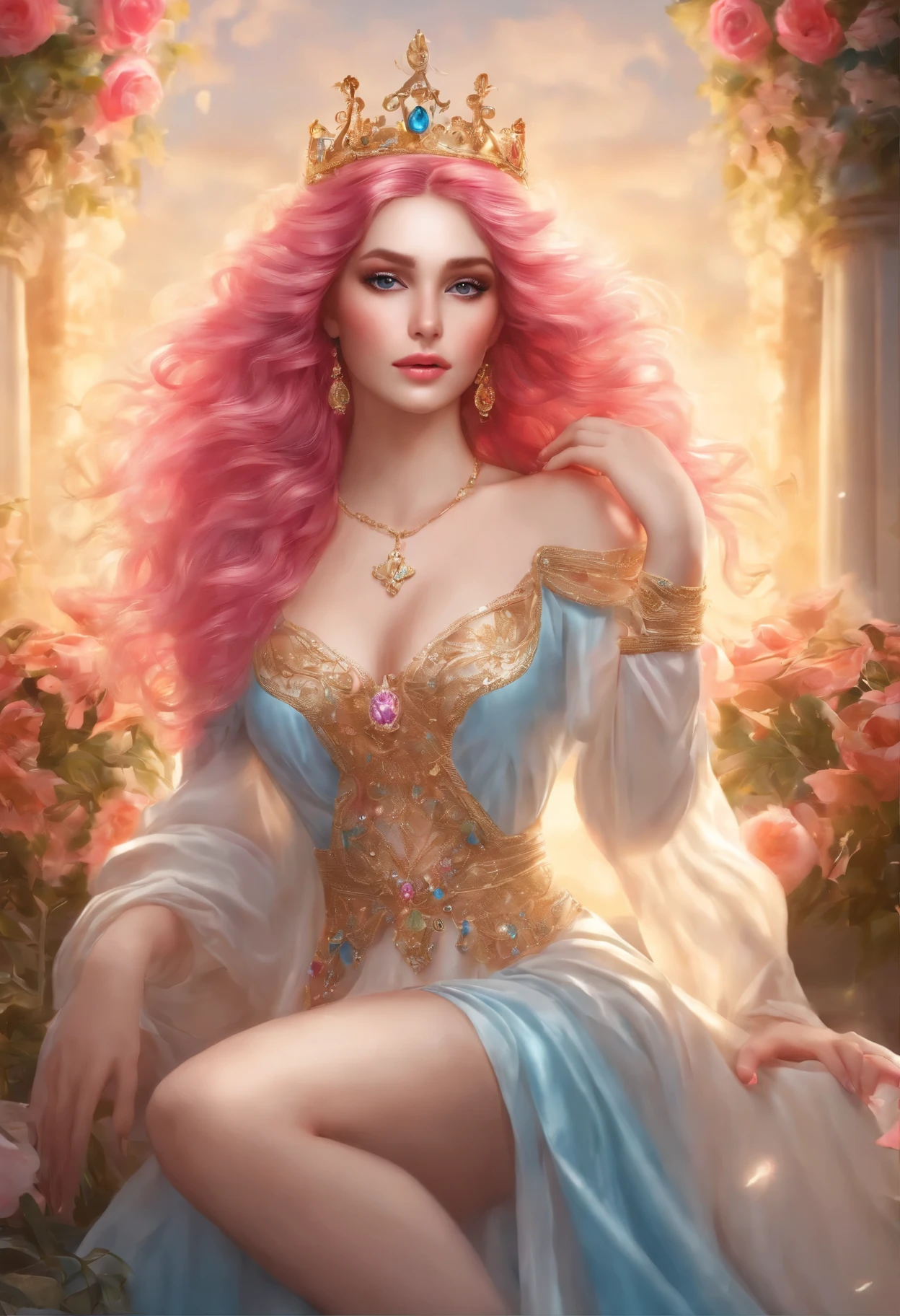 (highres, realistic, vivid colors),pink hair, long, detailed strands, flowing, ethereal, soft waves, shiny, vibrant, pastel pink, luscious, beautiful girl, bright blue eyes, perfect eyes, perfect hands, perfect legs, mesmerizing, gracefully flowing locks. Queen robes, gold jewel encrusted crown, large tits, (full Body:1.5), hyper realism, 8k, vibrant colors, sharp image