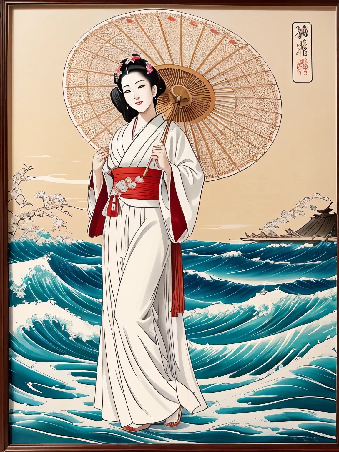 Image of a Geisha in a white outfit standing on top of the sea with waves raging around, dancing a traditional dance with a large ornate hand fan, seashore ahead has a hill with Sakura trees, sun in the sky in the color of sun in the Japanese flag, drawn in the style of Japanese watercolor painting, displayed in a deep mahogany frame, hung on a beige wall