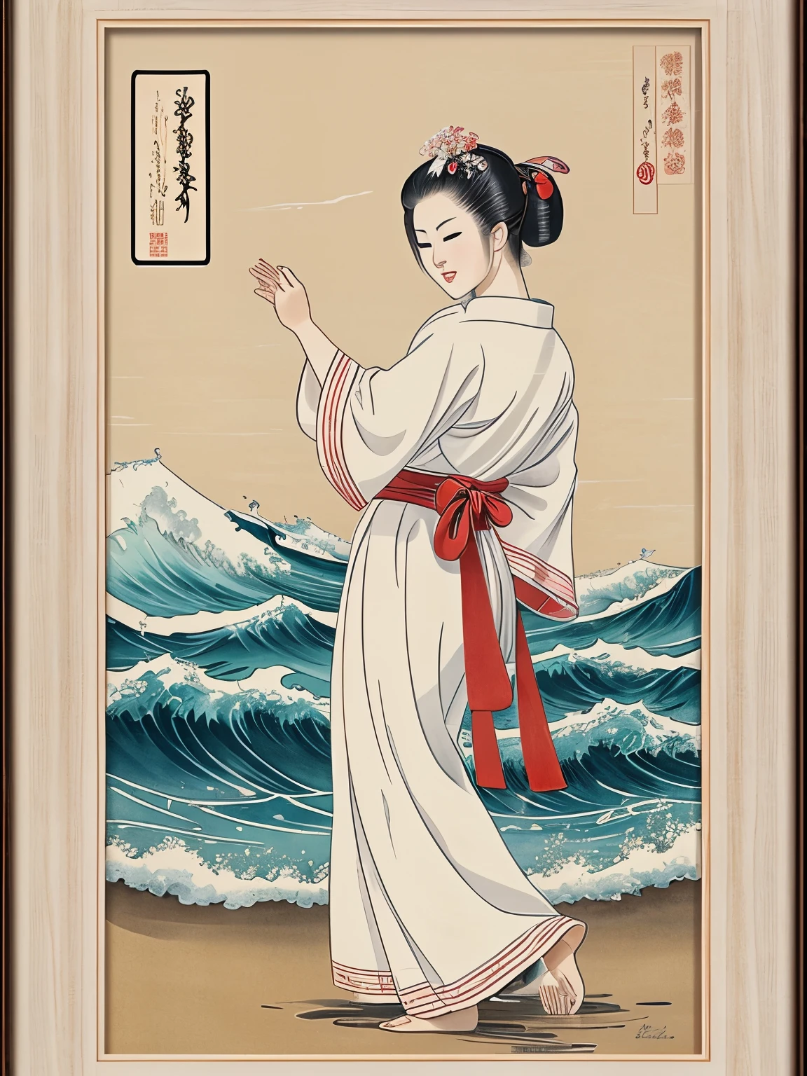 Image of a Geisha in a white outfit standing on top of the sea with waves raging around, dancing a traditional dance with a large ornate hand fan, seashore ahead has a hill with Sakura trees, sun in the sky in the color of sun in the Japanese flag, drawn in the style of Japanese watercolor painting, displayed in a deep mahogany frame, hung on a beige wall