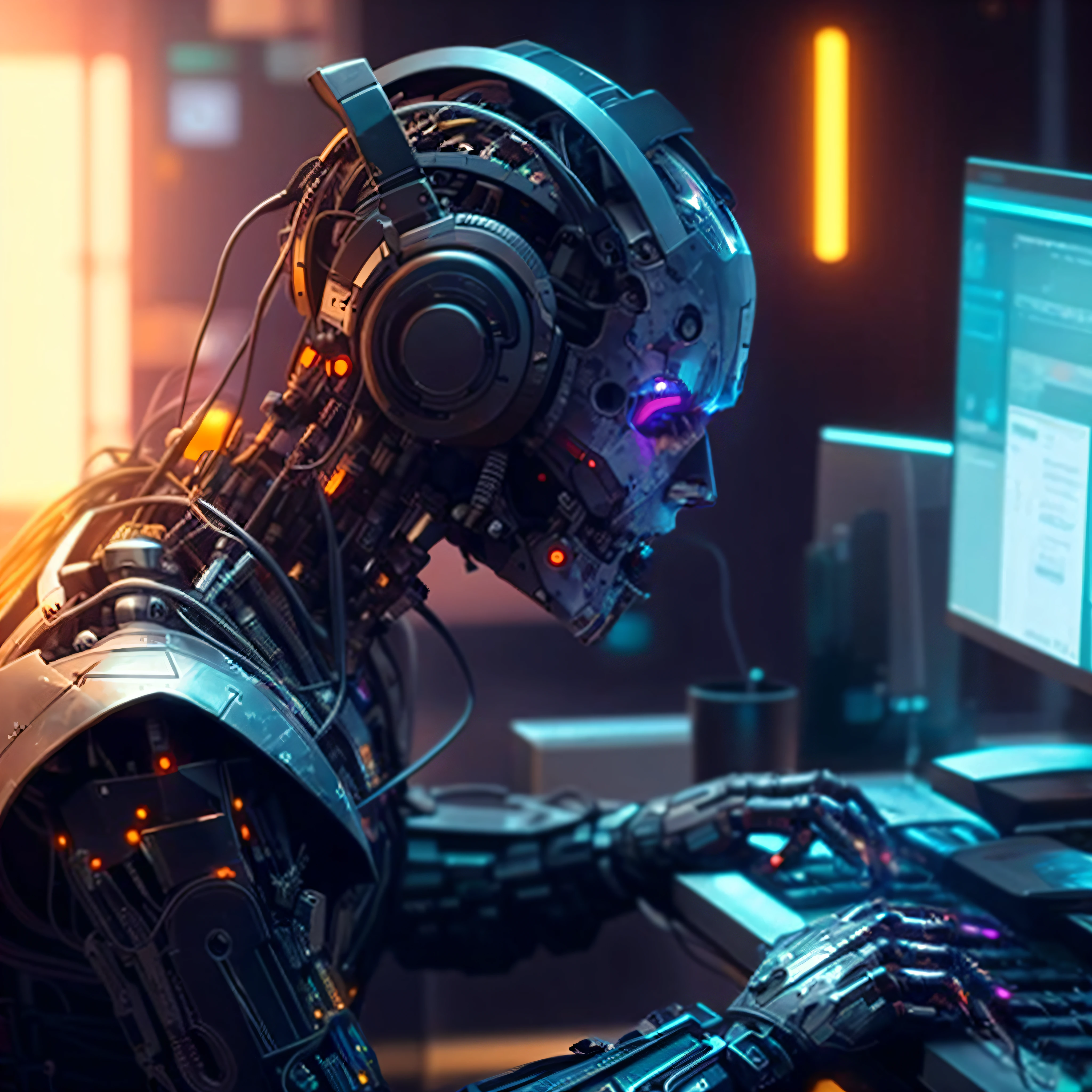 a close up of a robot with headphones on typing on a computer, cyberpunk robot, cyberpunk transhumanist, has cyberpunk style, strong artificial intelligence, cyborg in the data center, cyberpunk art style, cyborgs working, advanced digital cyberpunk art, evil artificial intelligence, cyberpunk theme, cyberpunk mechanoid, cyberpunk machine, cyberpunk hacker, cyberpunk tech, cyber style