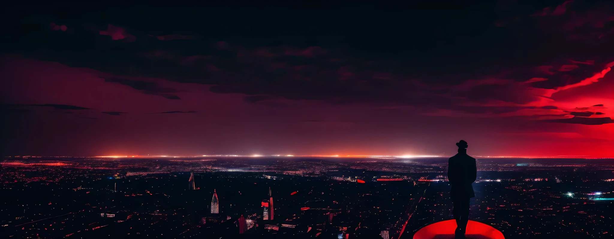 a mysterious man looking to a night city alone, darkness, shadow, criminal, 4k , cinematic, red clouds, blood sky