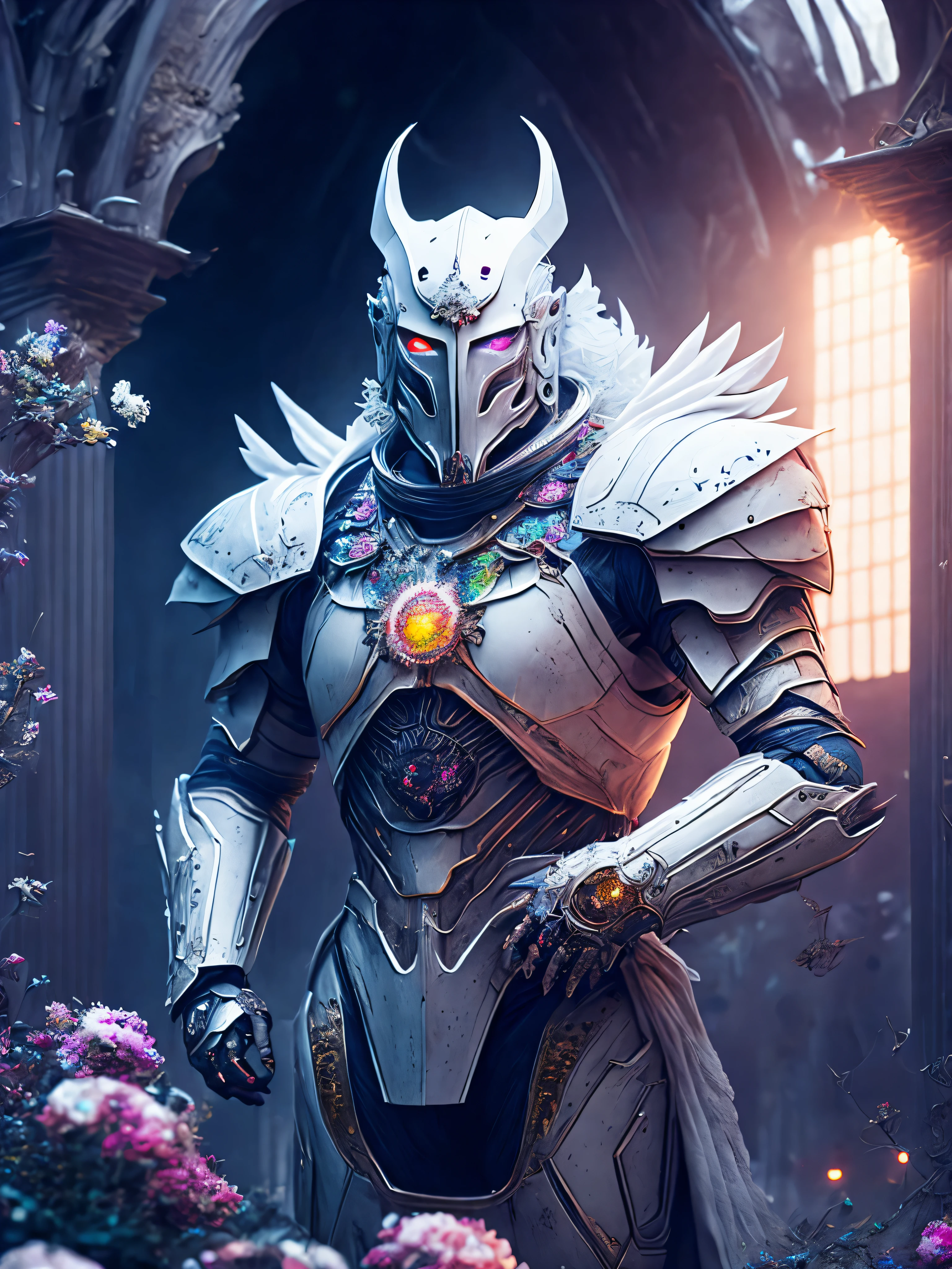 breathtaking cinematic science fiction photo of a portrait of a white knight, metal skin, body full of flowers and glowing metrics inside, glowing multicoloured eyes, multifaceted eyes, metallic arms, inside a destroyed building, extremely menacing creature, highly detailed, award-winning
